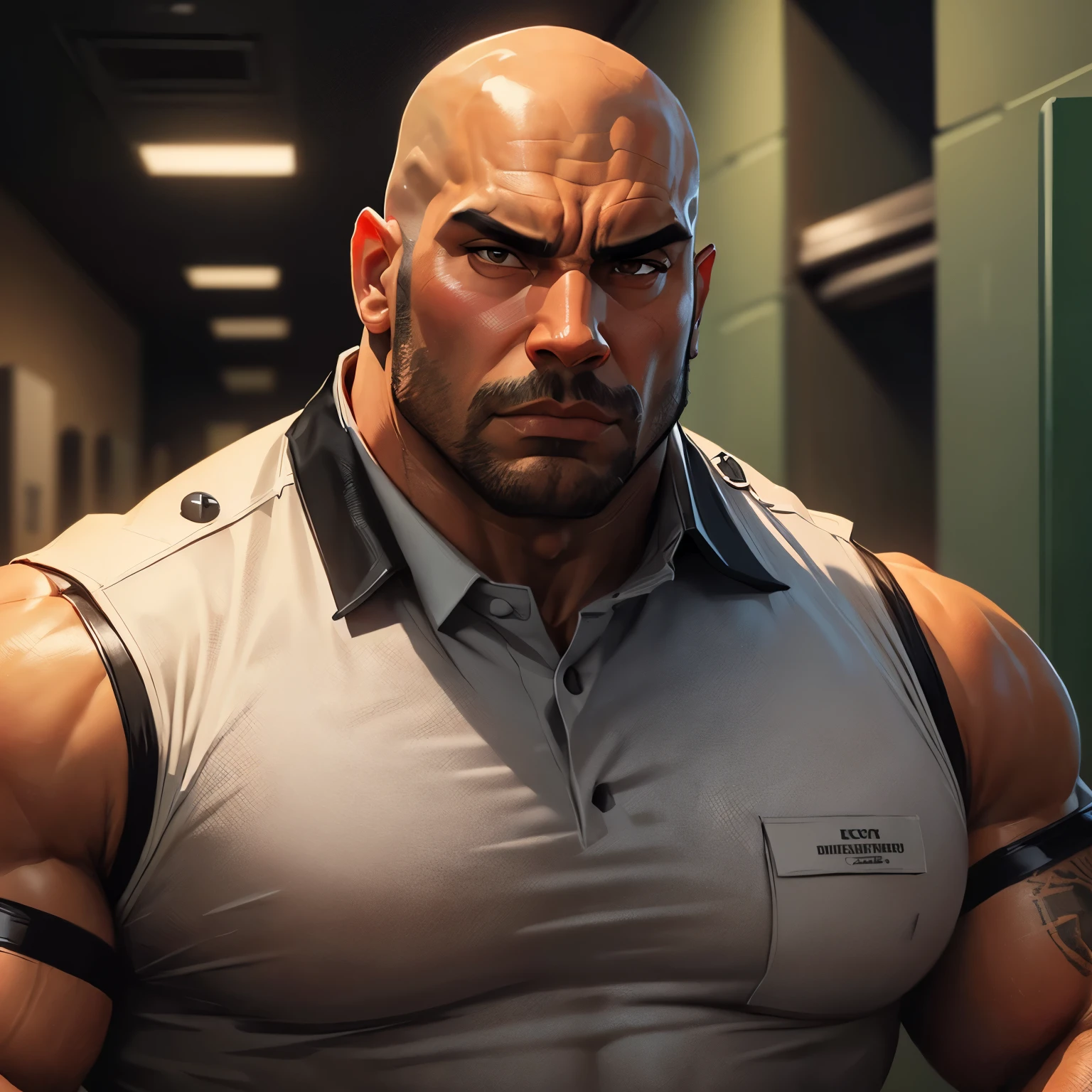 an exaggeratedly muscular and large bald bodyguard, beefy build, mixed race, (wearing collared prison warden uniform: 1.2), (bara pecs: 1.3), (arm and chest hair: 1.1), close-up portrait HD, grungy prison hallways