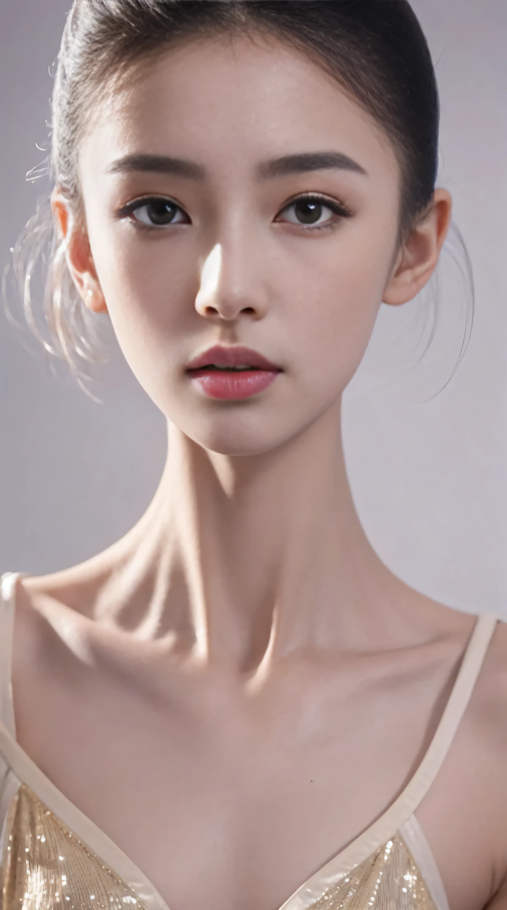 fashion model 18 years old [[[[Close-up face]]]], [[[[]]]], [[[[rape]]]], perfect eyes, perfect iris，perfect lips，perfect teeth，Perfect skin，Has fair skin，long face，slender nose，girl face，((Chinese ballet dancer&#39;s face))，Keep your eyes on the camera，A delicate face，Looking at the camera with sexy and charming eyes，take off shoulders，show your neck，low cut clothes，Raised sexy，Slim，（((face close-up:1.4))），gray background，4k ultra high definition, ultra high resolution, (lifelike: 1.4), best quality，masterpiece，（pastel colors：1.2），（face shot:1.4)