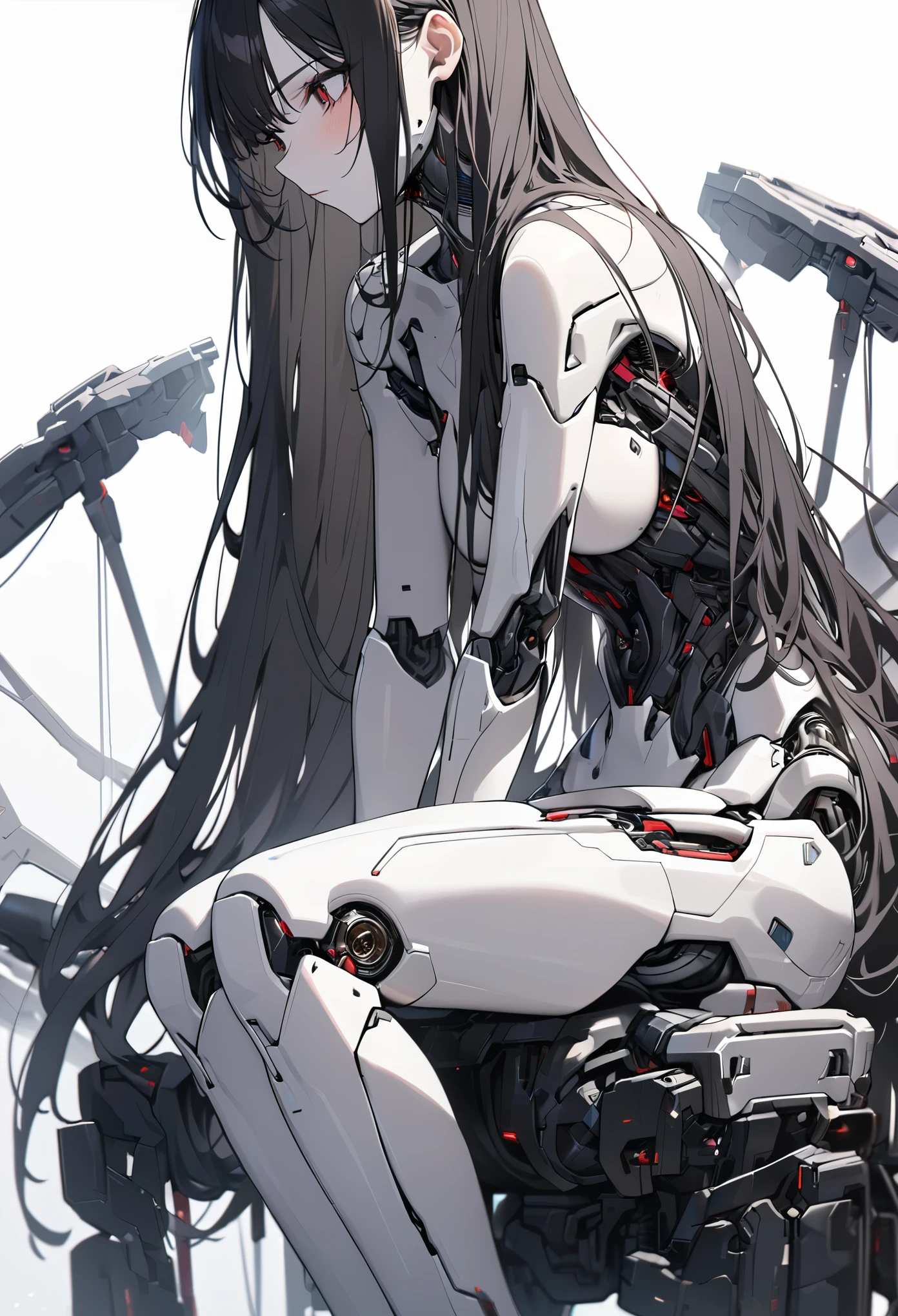 a pretty woman, longhair, bared, nude, (cyborg body:1.3), black hair, super delicate hair, detailed hair, dark red eyes, endoskeleton from the neck down is visible, prosthetic body, no organs in body, turn away, holding one's knees, white background, simple background, ultra detailed, 8k, masterpiece