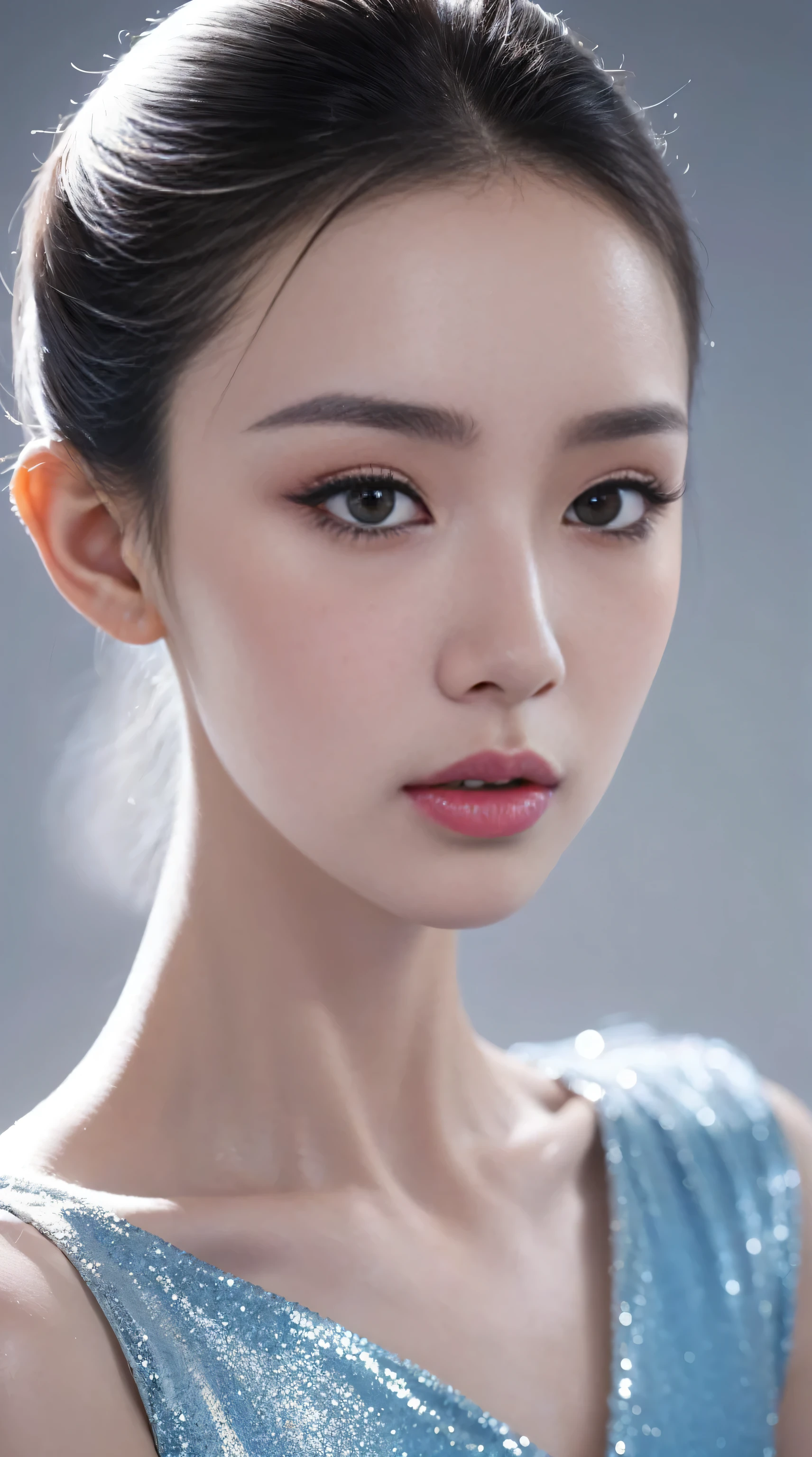 fashion model 18 years old [[[[Close-up face]]]], [[[[]]]], [[[[rape]]]], perfect eyes, perfect iris，perfect lips，perfect teeth，Perfect skin，Has fair skin，long face，slender nose，girl face，((Chinese ballet dancer&#39;s face))，Keep your eyes on the camera，A delicate face，Looking at the camera with sexy and charming eyes，take off shoulders，show your neck，low cut clothes，Raised sexy，Slim，（((face close-up:1.4))），gray background，4k ultra high definition, ultra high resolution, (lifelike: 1.4), best quality，masterpiece，（pastel colors：1.2），（face shot:1.4)