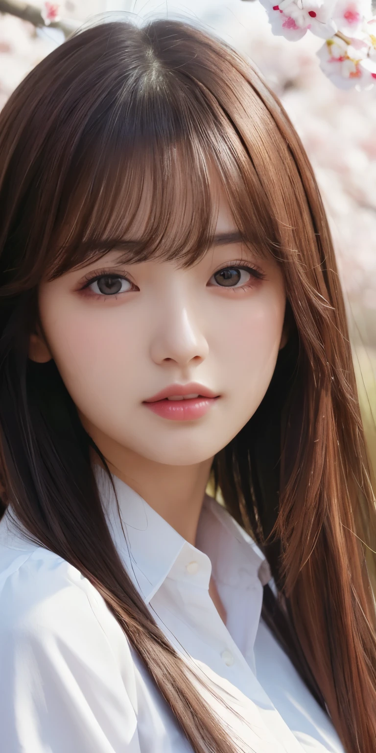 masterpiece、highest quality、High resolution、wallpaper、realistic、bright lighting、professional lighting、face light、smooth lighting、japanese woman、20-year-old、Beautiful woman、action、gravure、sexy、white collared shirt、super beautiful、beautiful skin、beautiful and detailed eyes、detailed face、slim、moderately、beautiful long hair、brunette colored hair、dark brown eyes、look at the camera、Upper body、under the cherry tree