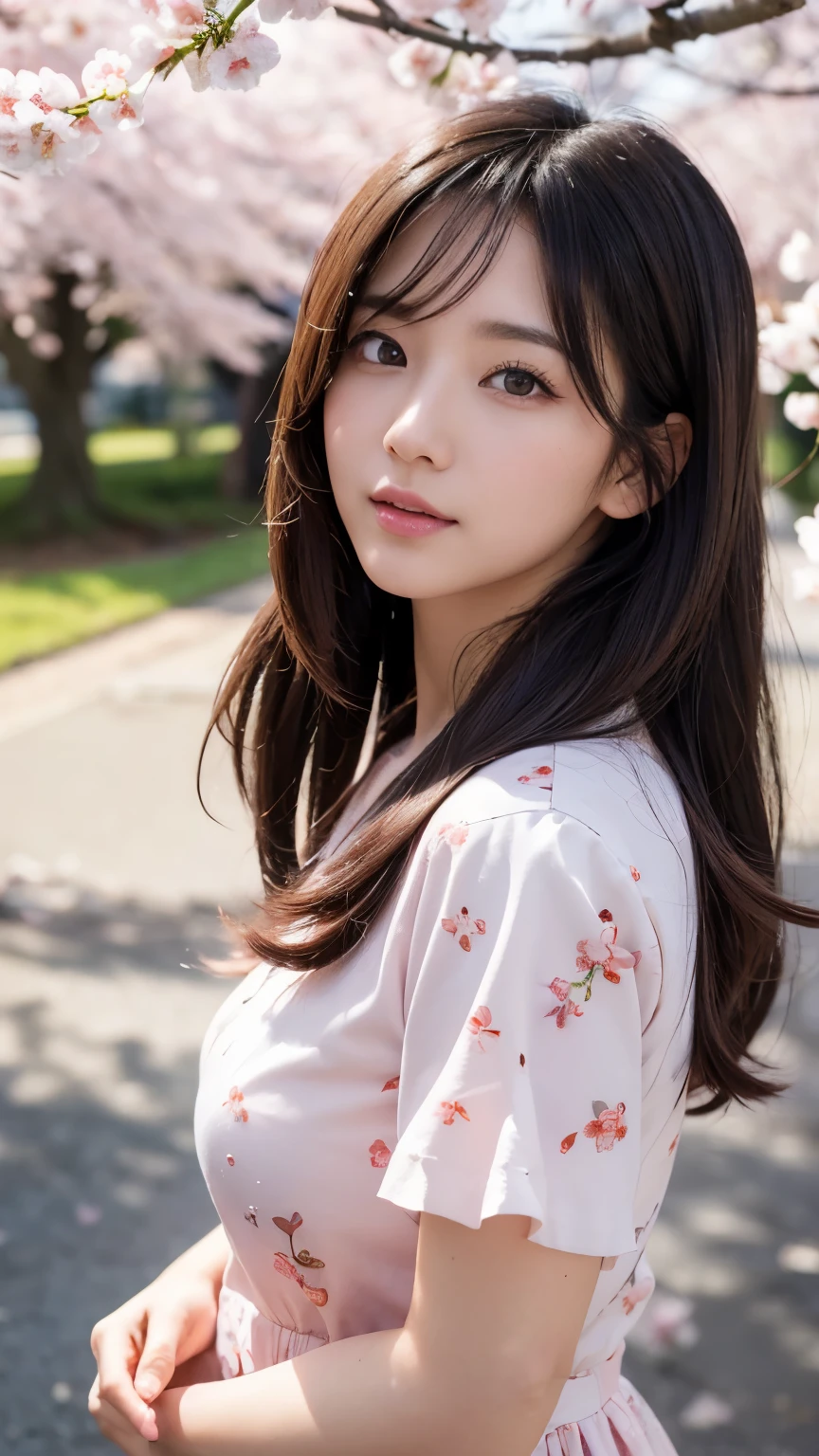 (A logo、​masterpiece、8K、masutepiece、Raw photo、Fantastic、Best Quality、Photorealistic and ighly detailed CG integrated 8k wallpaper、hightquality、ighly detailed、epic poem、Particle effect、Dynamic effects、depth of fields、Cinematic Light、Lens Flare、Ray tracing)、Fantasia、 (Beauty 1 person、doress、Dress、Cherry blossom pattern、A dark-haired、Beautiful face、Real Face、beautiful details eyes beautiful skin)、my hair dances in the wind、Hair flutters in the wind、Hair jumps、Pink cherry blossom tree、Petals flutter、Sakura blizzard、Superb view、morning glow、Sun in the background、the wind、