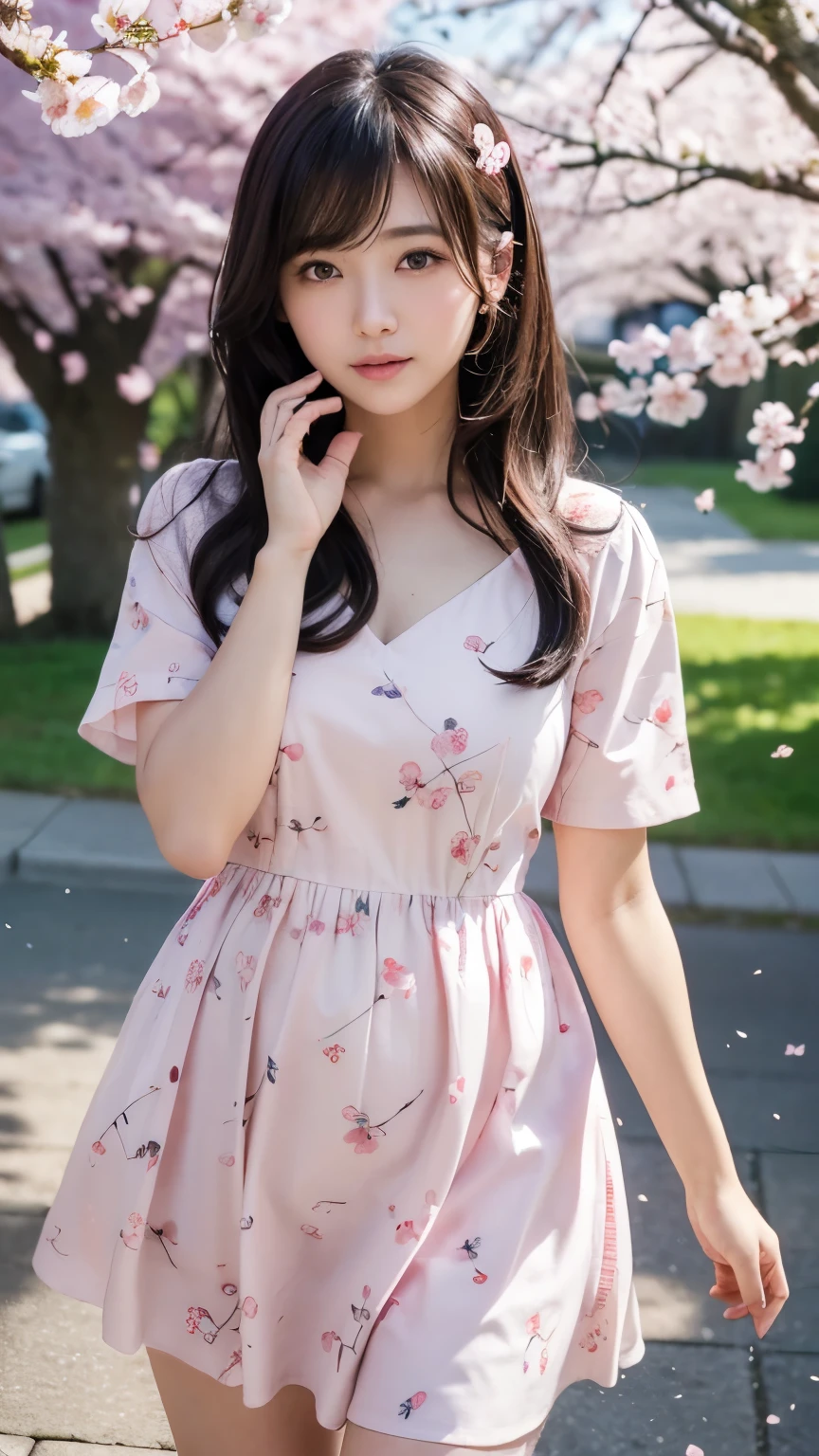(A logo、masterpiece、8K、masutepiece、Raw photo、Fantastic、Best Quality、Photorealistic and ighly detailed CG integrated 8k wallpaper、hightquality、ighly detailed、epic poem、Particle effect、Dynamic effects、depth of fields、Cinematic Light、Lens Flare、Ray tracing)、Fantasia、 (Beauty 1 person、doress、Dress、Cherry blossom pattern、A dark-haired、Beautiful face、Real Face、beautiful details eyes beautiful skin)、my hair dances in the wind、Hair flutters in the wind、Hair jumps、Pink cherry blossom tree、Petals flutter、Sakura blizzard、Superb view、morning glow、Sun in the background、the wind、