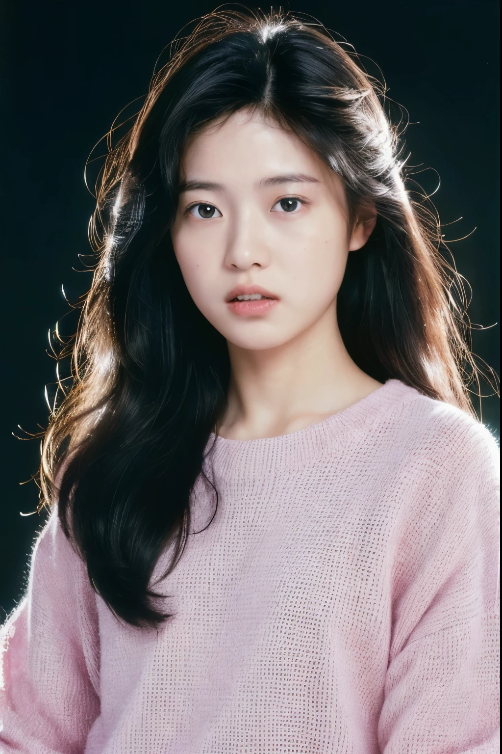 (masterpiece, realistic, ultra high resolution, high quality:1.2), 1 girl, (young),(no makeup), black hair, portrait, old photograph, 80's style , dynamic pose, studio, ((akinanakamori))