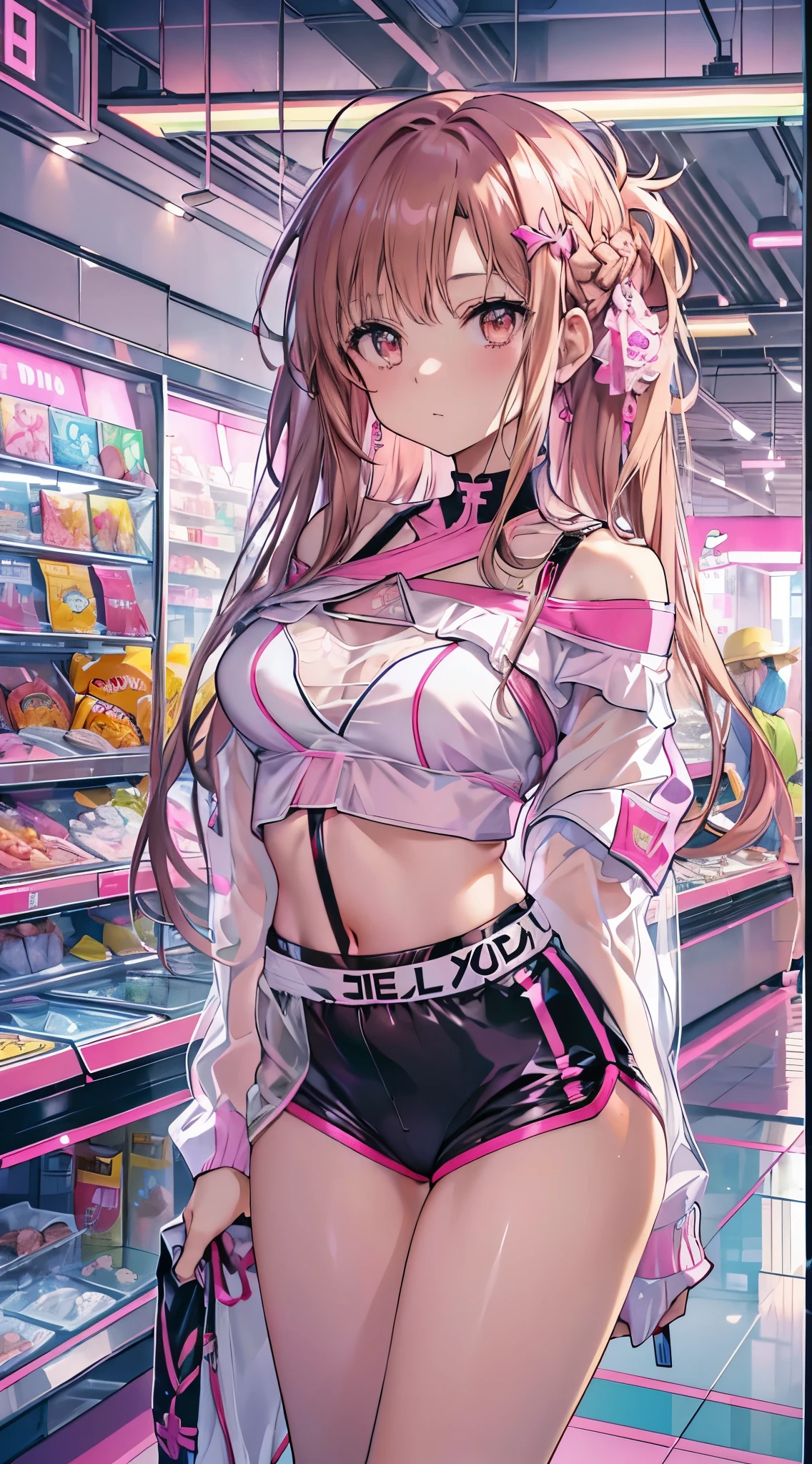 Woman, One, 18 Years old, Japanese, Skinny, Pale skin, Colored tattoos, Modern tattoos, Skinny thighs, Cute face, Ash hair, Brunette hair, Pink hair, Pigtails, Headphones, Pajamas, Dress, Intricate clothes, Full body, Dynamic angle, Grocery, Cinematic light, Dark scene, Masterpiece, Small breasts