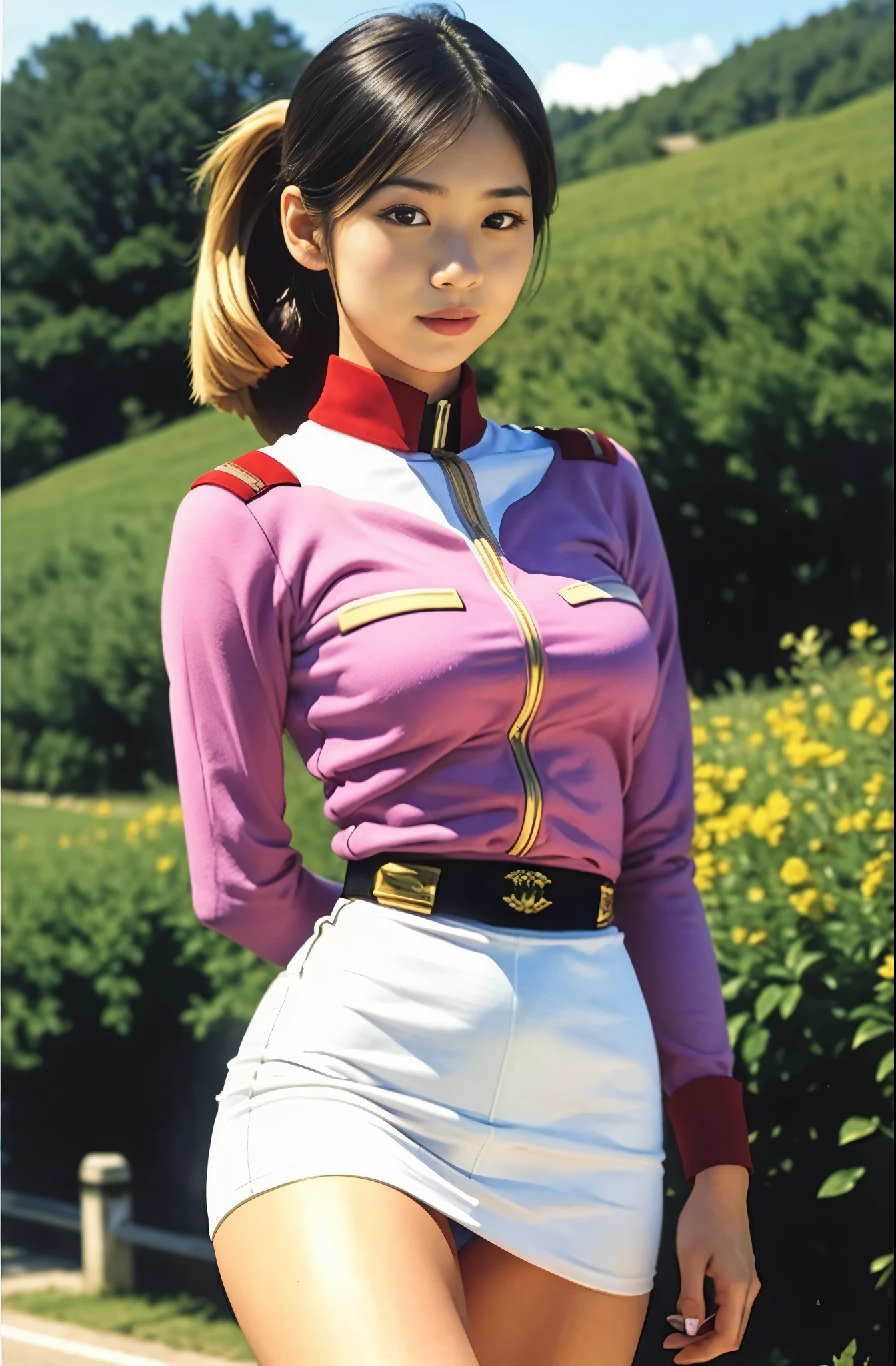 real photos、Highest im年 quality、realistic、Beautiful woman、beautiful thighs、beautiful face、real im years、federal army uniform miniskirt、ponytail、Yuriko Yoshitaka、 Japanese female、Zuo々Ki Nozomi:1.4、pretty girl、white pantiesが見える、16age、(white panties:1.3)、super mini skirt、beautiful thighs、white panties、ピンクのミニスカートがめくれてwhite pantiesが見えてる