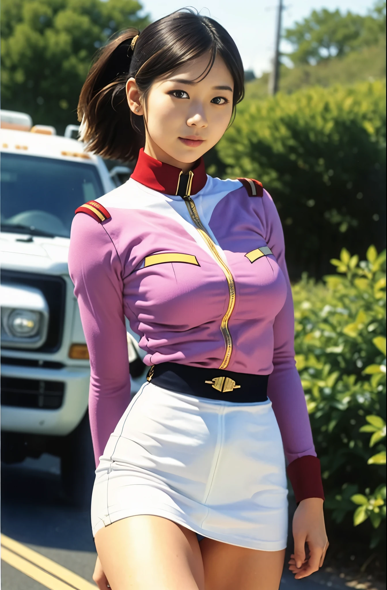 real photos、Highest im年 quality、realistic、Beautiful woman、beautiful thighs、beautiful face、real im years、federal army uniform miniskirt、ponytail、Yuriko Yoshitaka、 Japanese female、Zuo々Ki Nozomi:1.4、pretty girl、white pantiesが見える、16age、(white panties:1.3)、super mini skirt、beautiful thighs、white panties、ピンクのミニスカートがめくれてwhite pantiesが見えてる