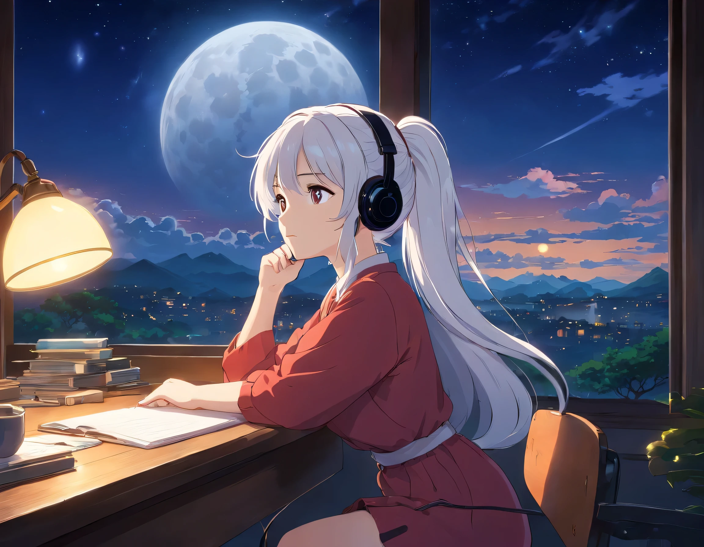 White haired woman with headphones sitting at desk with laptop, ponytail hair、anime style 4 k, anime. soft lighting, Nightcore, best anime 4k konachan wallpaper, anime art wallpaper 4 k, anime art wallpaper 8 k, anime art wallpaper 4k, 4k anime wallpaper, anime vibes, anime wallpaper 4 k, anime wallpaper 4k、beautiful big breasts:1.3、night outside the window、Beautiful full moon starry sky