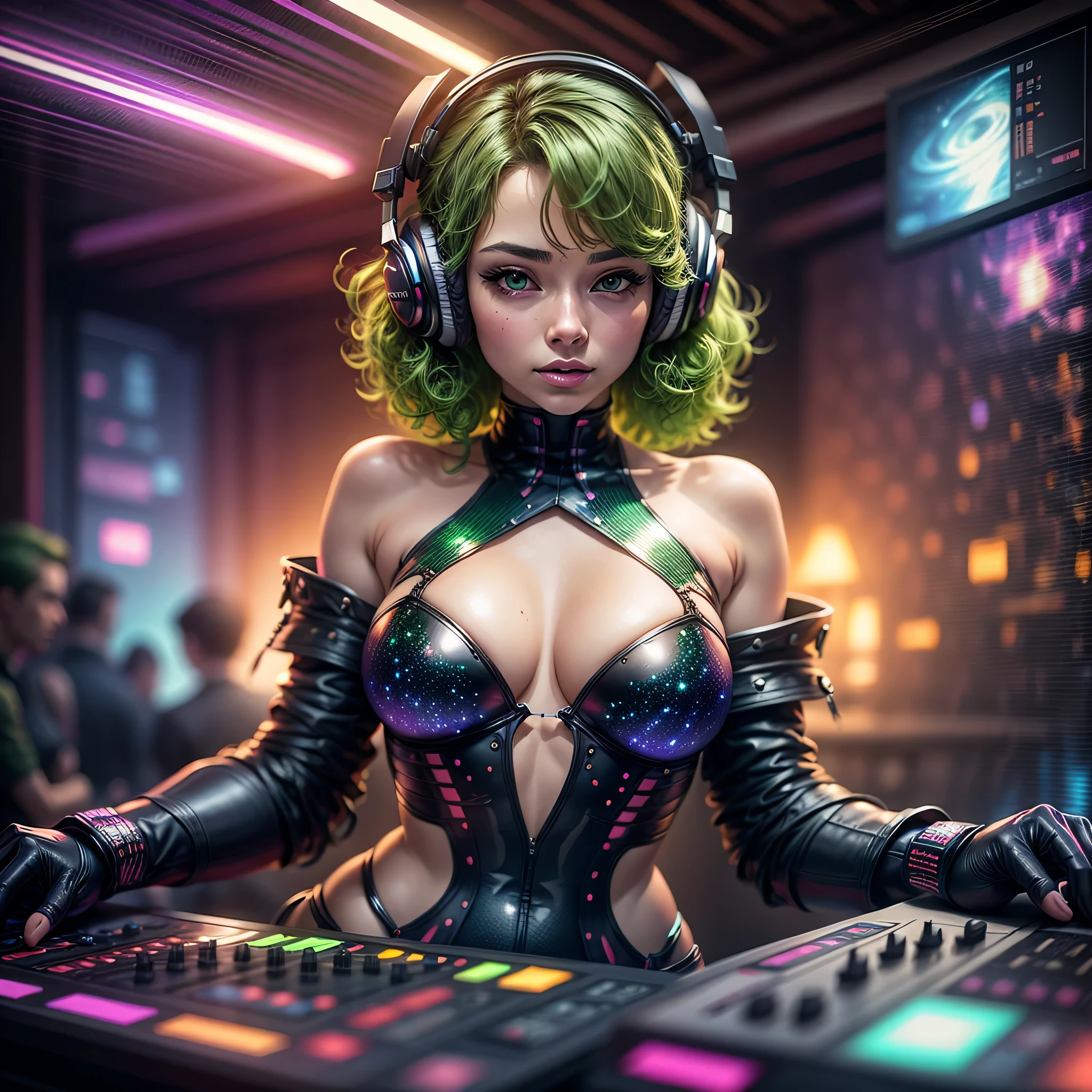31 years old, Latina, Latina Woman, mature face, perfect and well designed glowing green shiny eyes, (beautiful detailed eyes:1.05), (small breats:1.45), curvy body, beautiful and delicate mature face, ((pale skin)), detailed skin, realistic skin, short hair, ((((green hair))))), ((curly hair)), (headphones), (galaxy_silk transparent underwear), (bare shoulders:1.6), (neckline:1.3), (cleavage:1.3), navel, (pale Skin:1.4), Female DJ, DJ set, DJ booth, DJ party, Mixing Console, Music Clubs, night club, Independent cinema, Highest quality, Skin texture, Intricate details, ((galaxy background, universe background, planets, milky_way, black_hole)), neon lights, colorful lights, rgb lights