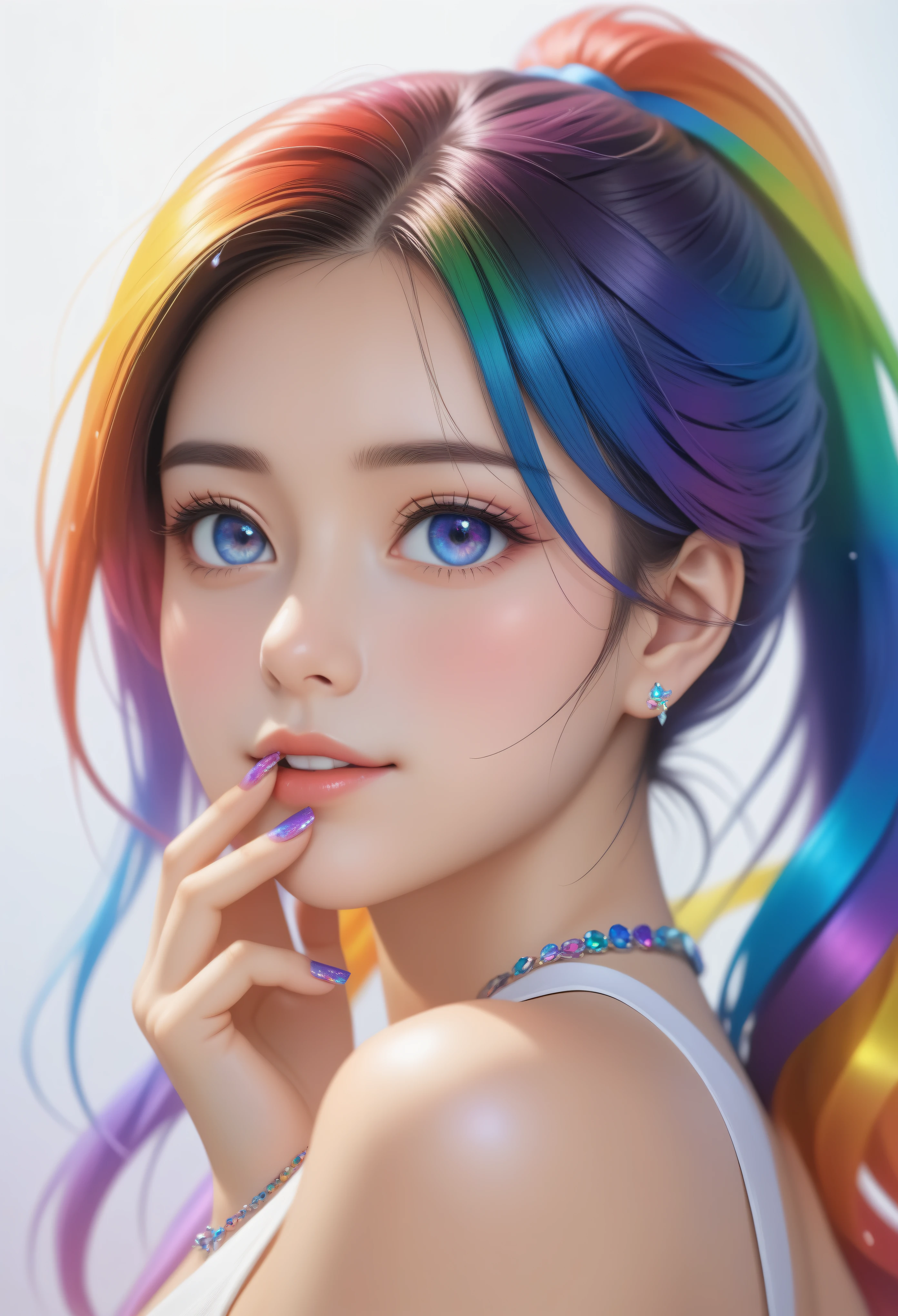 1 girl,glowing eyes,light smile, long hair, (colorful hair: 1.8),(Rainbow gradient high ponytail:1.7),hair ribbon, bracelet, ring, (hand to mouth:1.5),(nail design:1.5),pendant,stud earrings, sleeveless dress, Exquisite makeup,look at viewer,front,Upper body, acrylic paint, comics,Wind,(petal: 1.4),depth of field,white background,dynamic angle,(8k, 4k, best quality, highres:1.1),(masterpiece),(best quality:1.2),[:intricate details:0.2],((beautiful detailed eyes)),(detailed light),depth of field,masterpiece,high quality,best quality,beautiful,perfect lighting,detailed face,detailed body,(illustration),detailed,highly detailed,hdr,(((surrounded by rich and colorful splashes))),(((high saturation)))