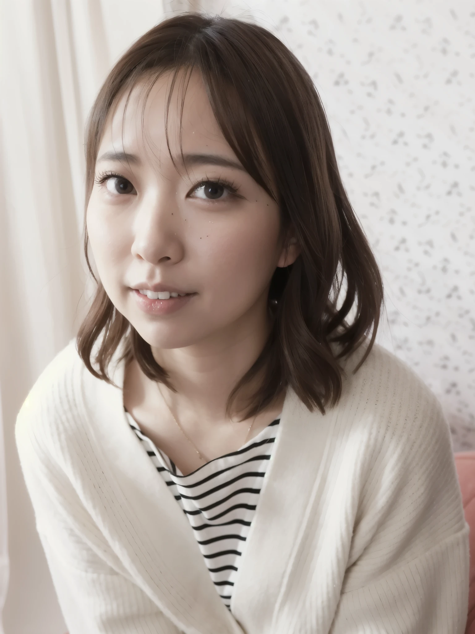 arafed asian woman sitting on a pink couch with a white sweater, chiho, taken with canon eos 5 d, with short hair, narumi kakinouchi, taken with canon eos 5 d mark iv, taken with a canon eos 5d, taken with a canon eos 5 d, Yoshitomo Nara, harumi