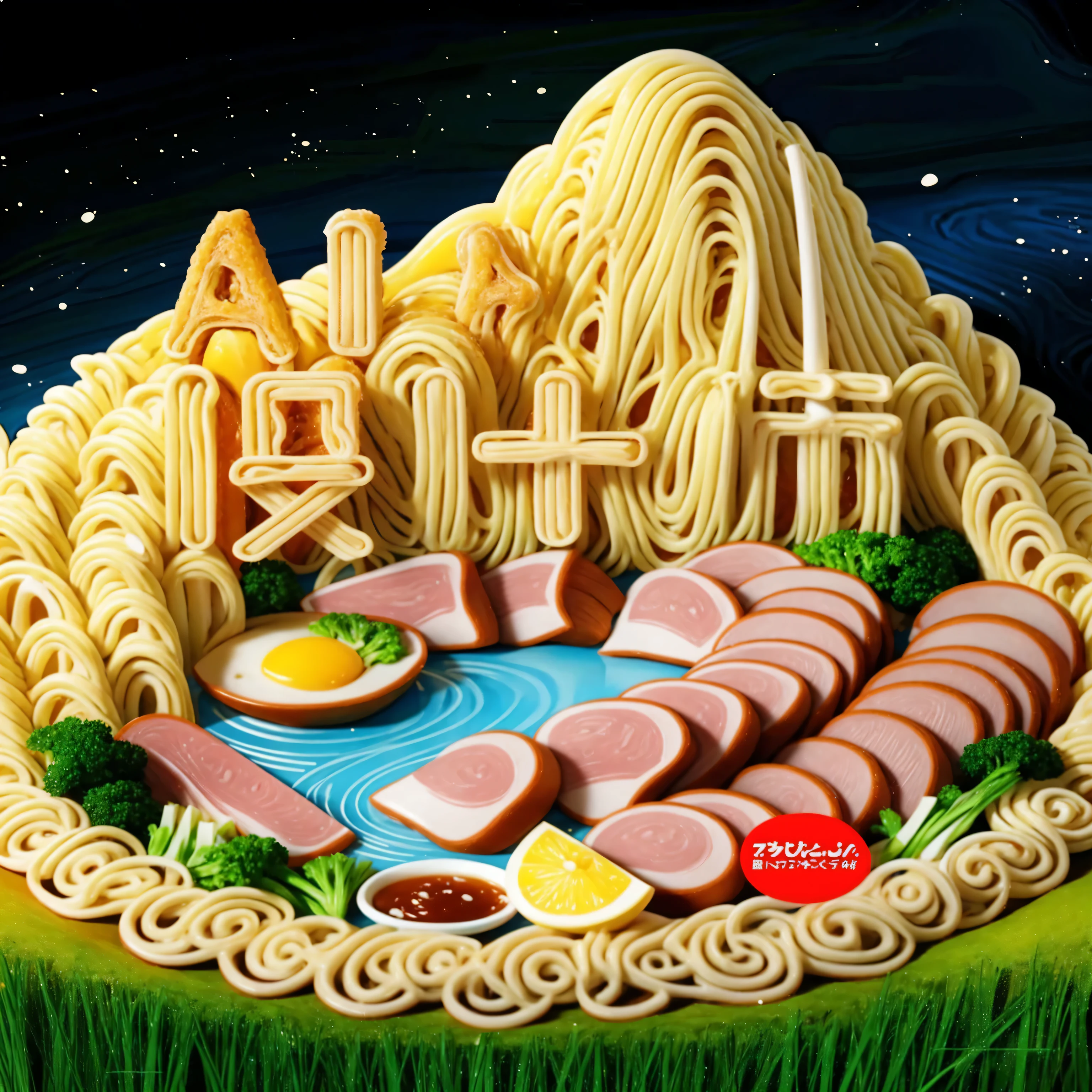 Baked noodles and meat on a plate，The background is a mountain, Amazing food illustrations, food, Hand-Pulled Noodle, made of Fettuccine, c 4 d”, Super realistic food pictures, Complex 3D illustration, Fettuccine, food art, Amazing food photography, Behance 3D Art Trends, Behance 3D Art Trends, official artwork