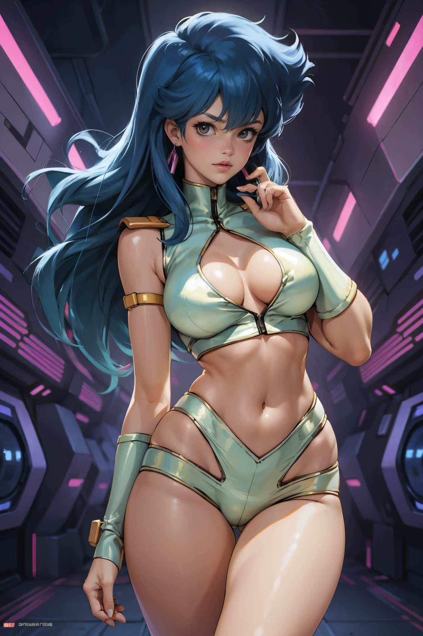 Yuri from The Dirty Pair, , wearing a tight outfit, skimpy, medium breast, (long hair), dark blue hair, beauty, cyberpunk city background, holding retro space-gun, cleavage, slim waist, slim thighs, thigh gap, (light yellow uniform), show belly