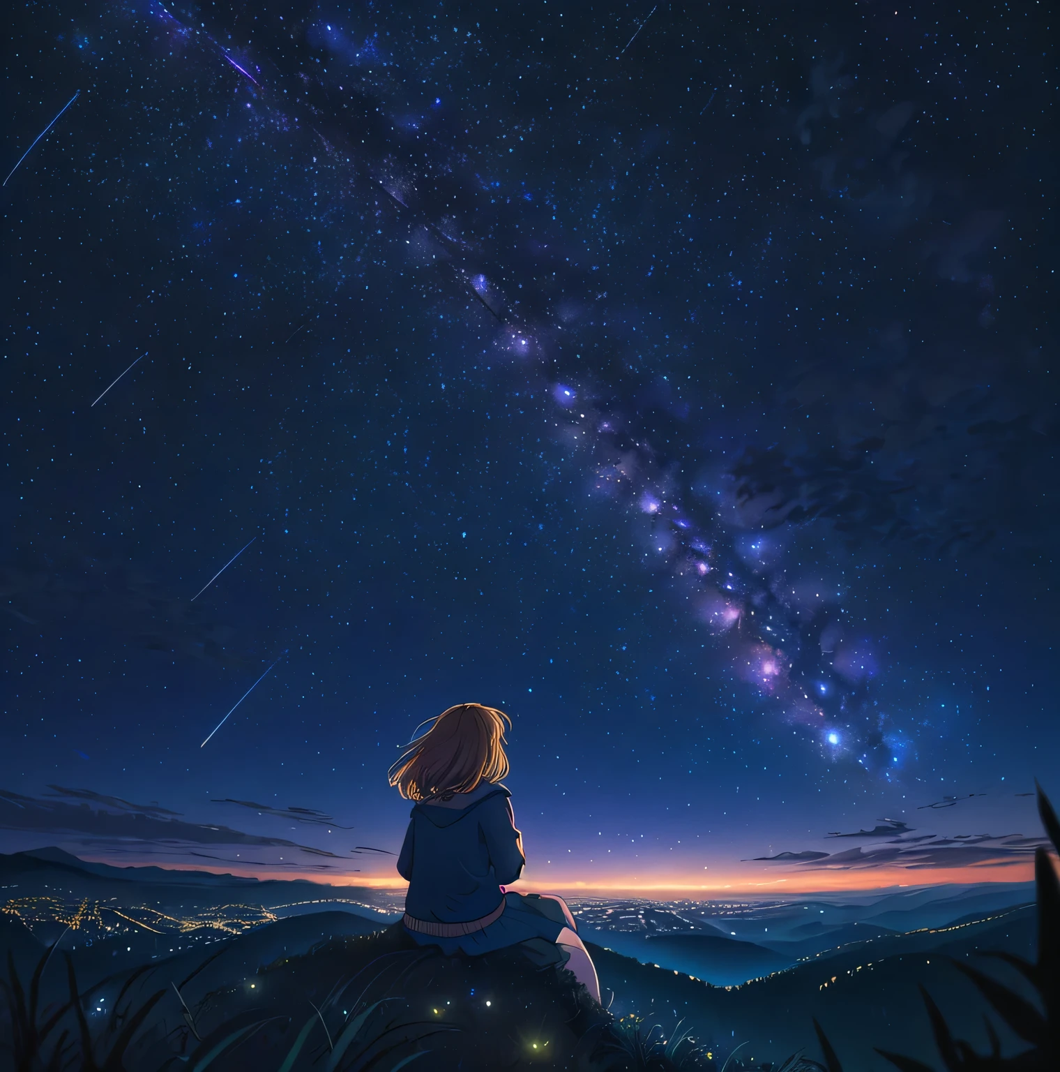 Girl sitting on a hill and looking up at a vibrant night sky of shooting stars, forest, moody, facing away, astrophotography, atmospheric moonlight, highres, distant city