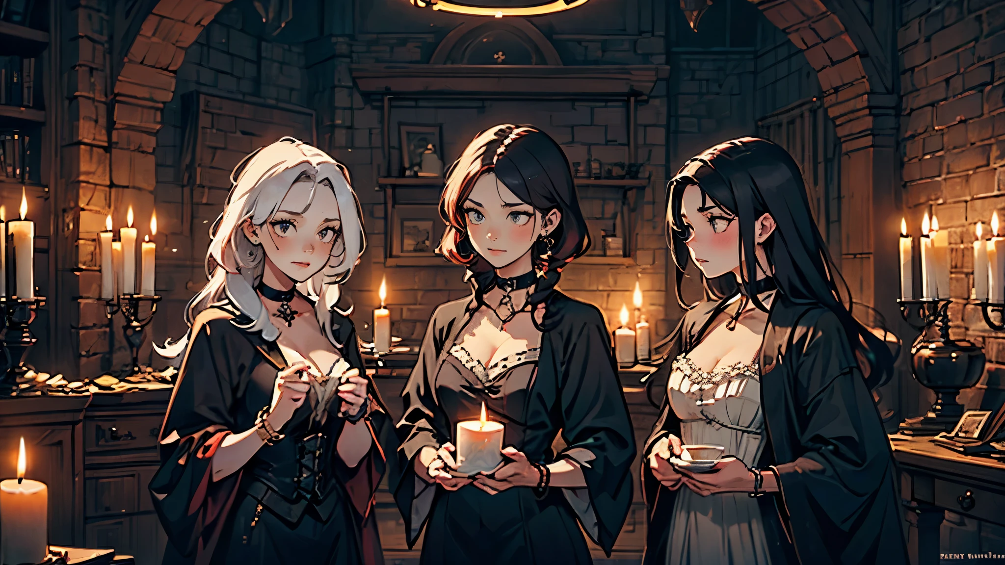 Three beautiful 21 year old goth girls, three witches, long black dresses, small breasts, red hair, black hair, white hair, choker collar, bracelets, cowboy shot, gothic decor, Victorian mansion, candles, gloomy, dungeon, dramatic lighting, cinematic lighting, Rembrandt lighting