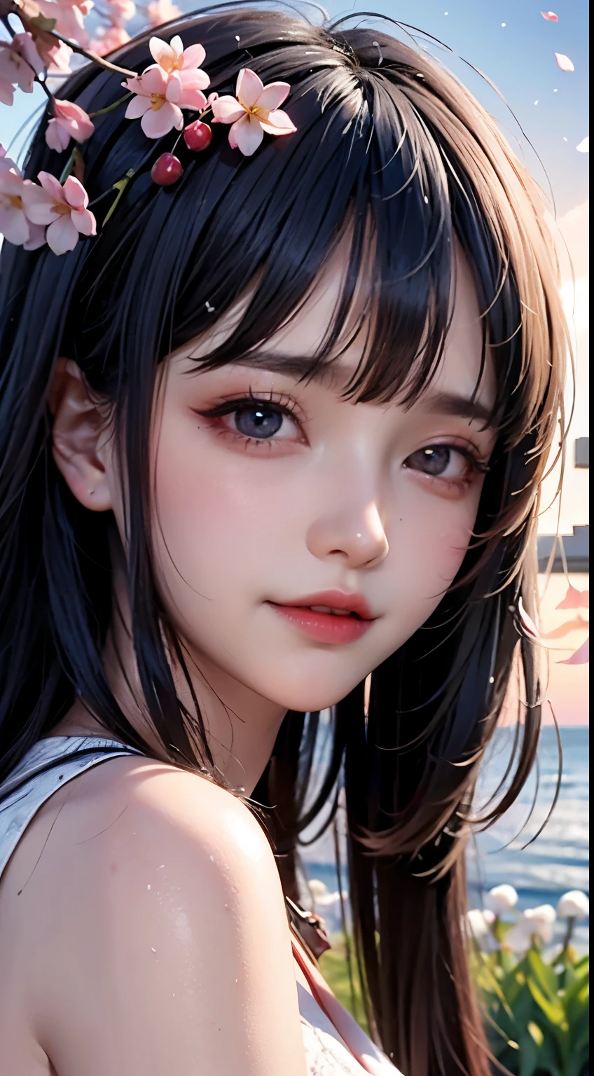 Mustepiece, top quality, illustration, ultra-definition, fine details, high resolution, 8K wallpaper, perfect dynamic composition, beautiful detailed eyes, wearing a dress, natural colored lips, random cute pose, perfect and beautiful face, cute, sexy face, sunset, ecstasy face, feminine face, (cherry blossoms, cherry blossoms, falling cherry blossom petals, cherry blossom blizzard, falling petals), waving in the wind Hair, hair fluttering, pink cherry blossoms, petals dancing, cherry blossom snowstorm, wonderful scenery, sunrise, background sun, wind,