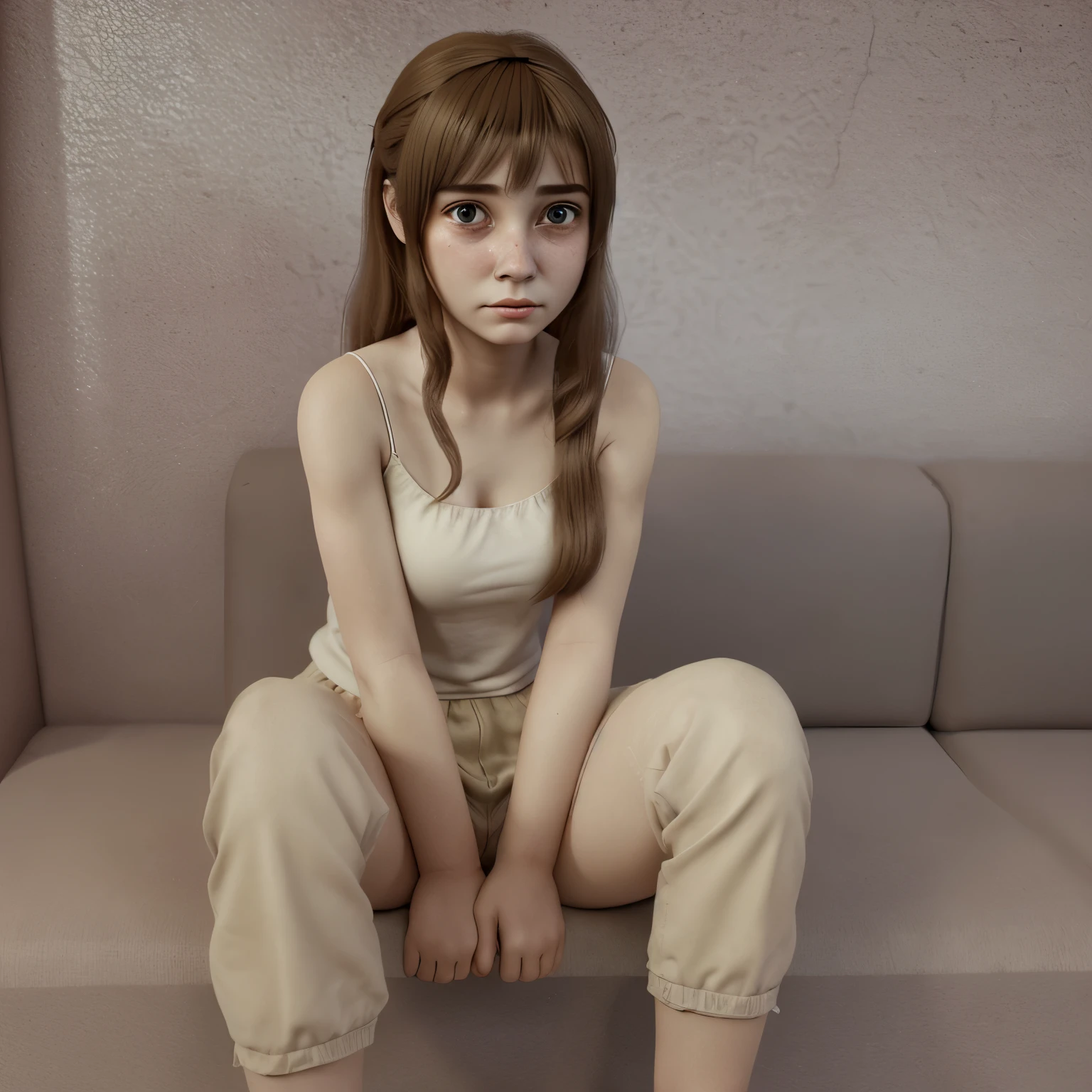 A cartoon pic of an innocent sad girl, sitting down, with teary eyes, 3D