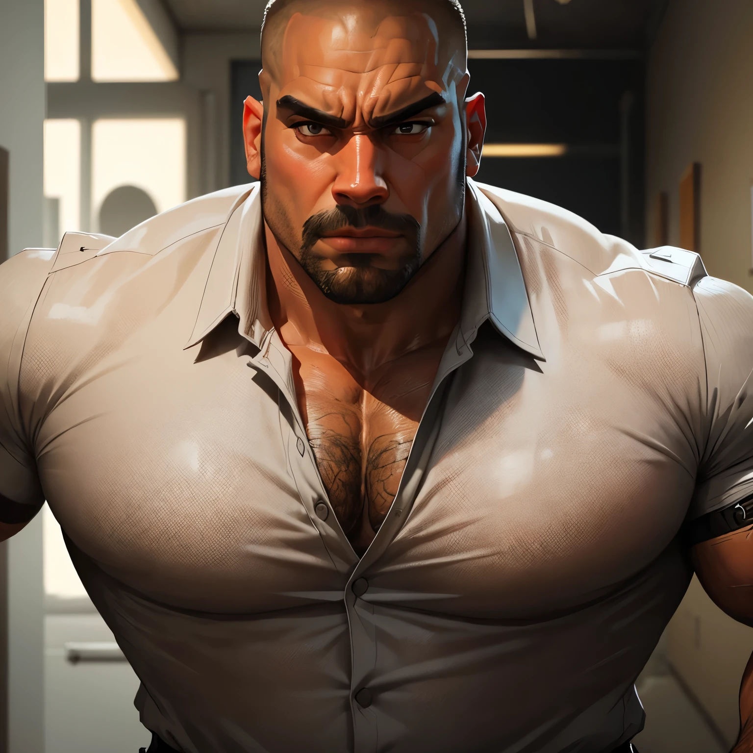 an exaggeratedly muscular and large bald bodyguard, beefy build, mixed race, (wearing collared prison warden uniform: 1.2), (bara pecs: 1.3), shirt is tight against his pecs, (arm and chest hair: 1.1), close-up portrait HD, grungy prison hallways