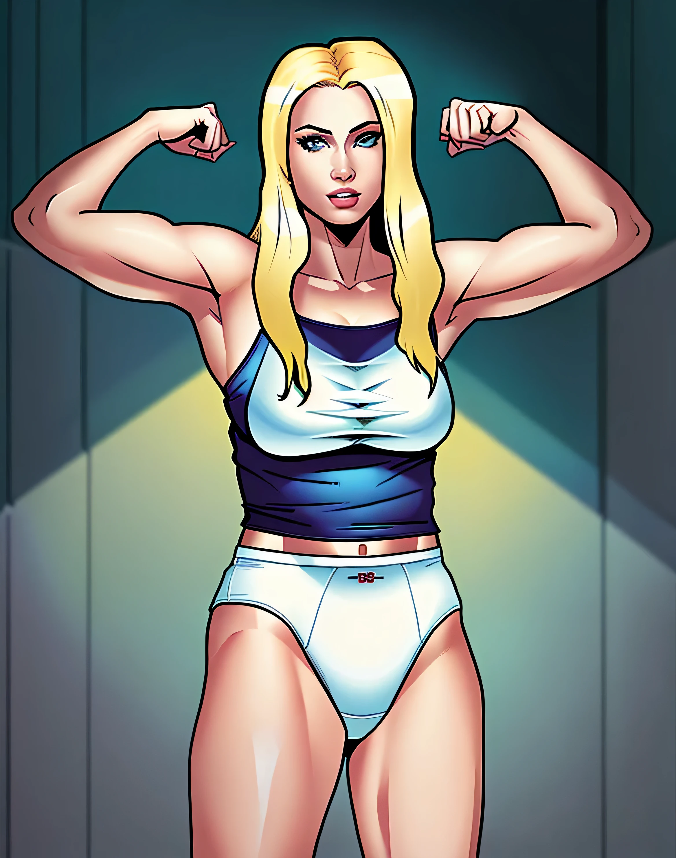 ((((masterpiece, best quality)))), ((35 year old)), (((Curvy))), ((Buff)) ((Norwegian woman with long blonde hair)), in ((white tanktop)), ((white high cut cotton panties)), ((Large Hips)), ((Standing in a cluttered locker room)), (((comic book art style)))