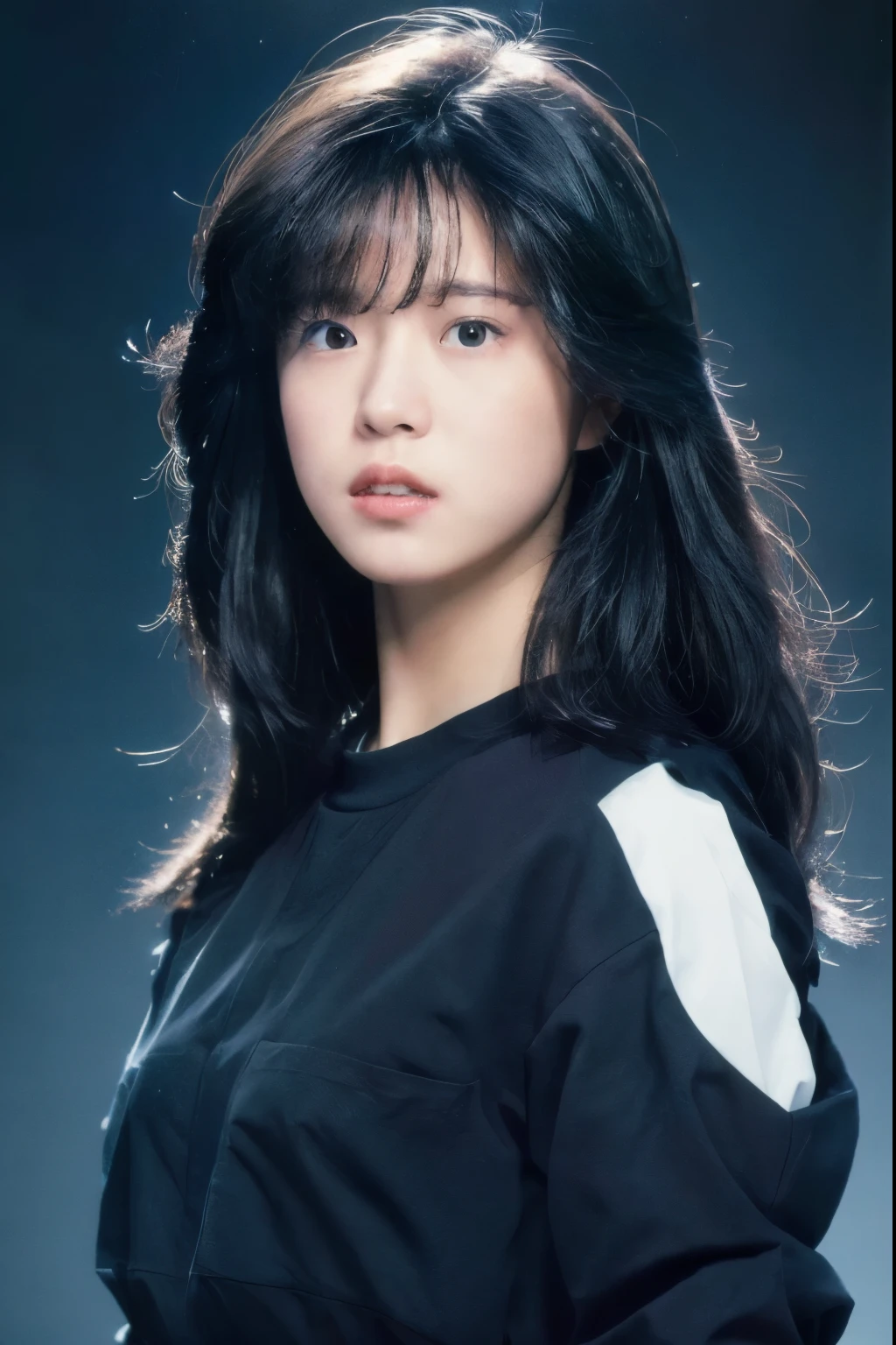 (masterpiece, realistic, ultra high resolution, high quality:1.2),
1 girl, (young),(no makeup), black hair,
portrait, old photograph, 80&#39;s style , dynamic pose, studio,
((akinanakamori)) 