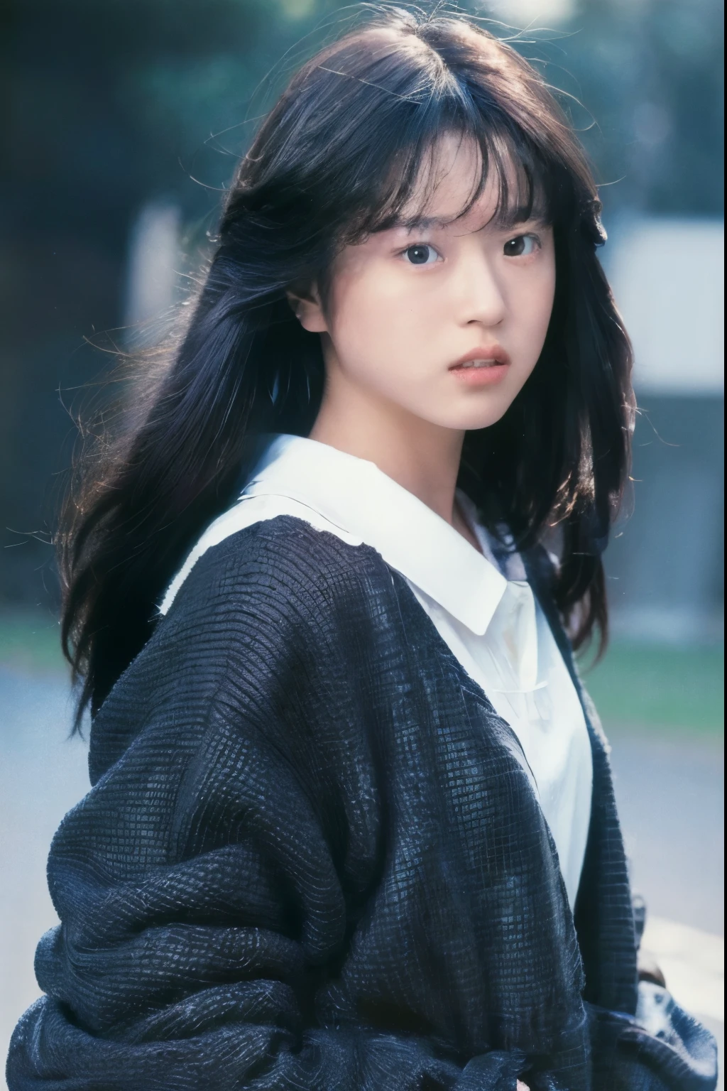 (masterpiece, realistic, ultra high resolution, high quality:1.2),
1 girl, (young),(no makeup), black hair,
portrait, old photograph, 80&#39;s style , dynamic pose, studio,
((akinanakamori)) 