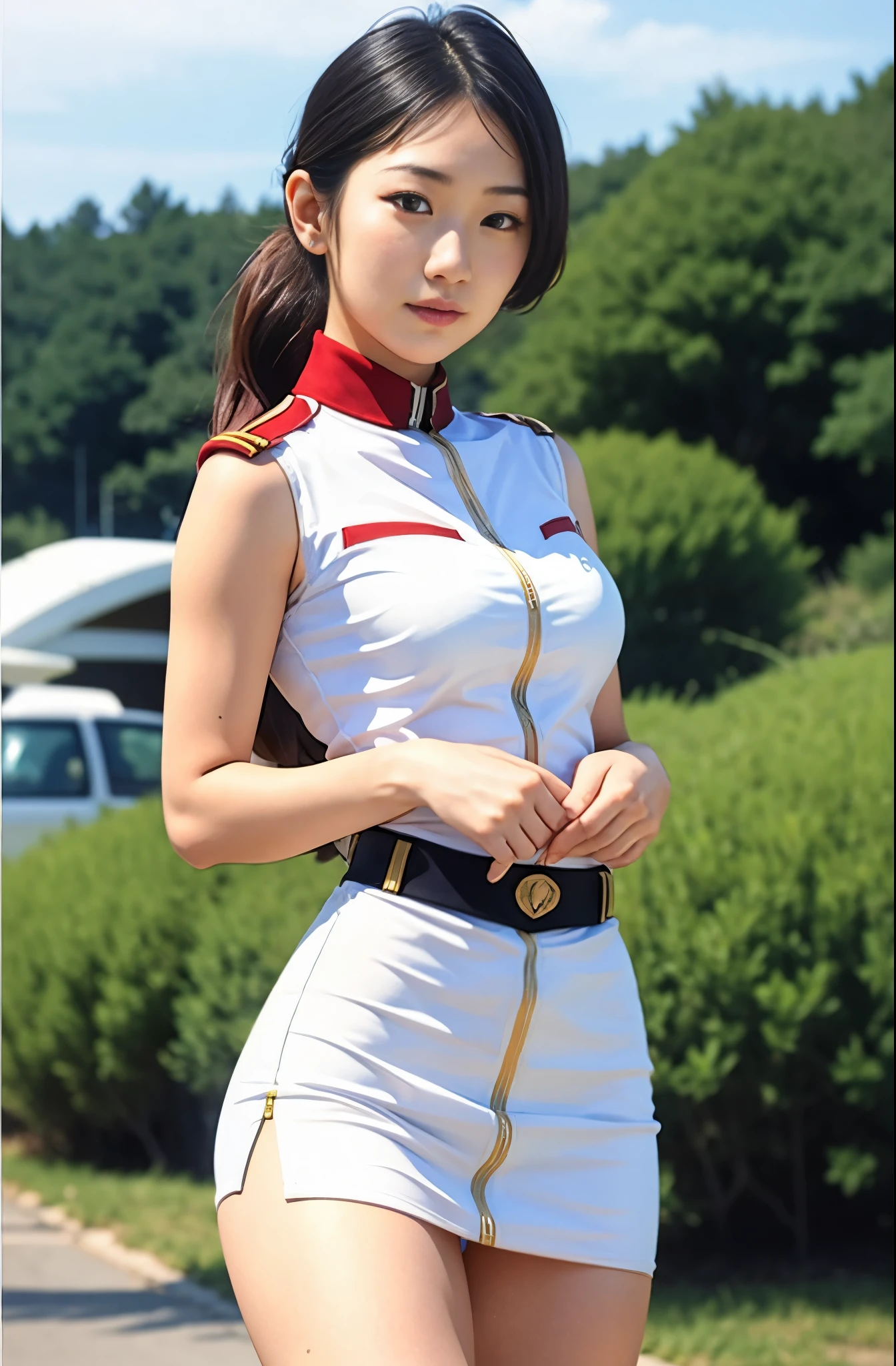 real photos、Highest im年 quality、realistic、Beautiful woman、beautiful thighs、beautiful face、real im years、federal army uniform miniskirt、ponytail、Yuriko Yoshitaka、 Japanese female、Zuo々Ki Nozomi:1.4、pretty girl、white pantiesが見える、1６age、（white panties:1.3）、super mini skirt、beautiful thighs、white panties、ピンクのミニスカートがめくれてwhite pantiesが見えてる