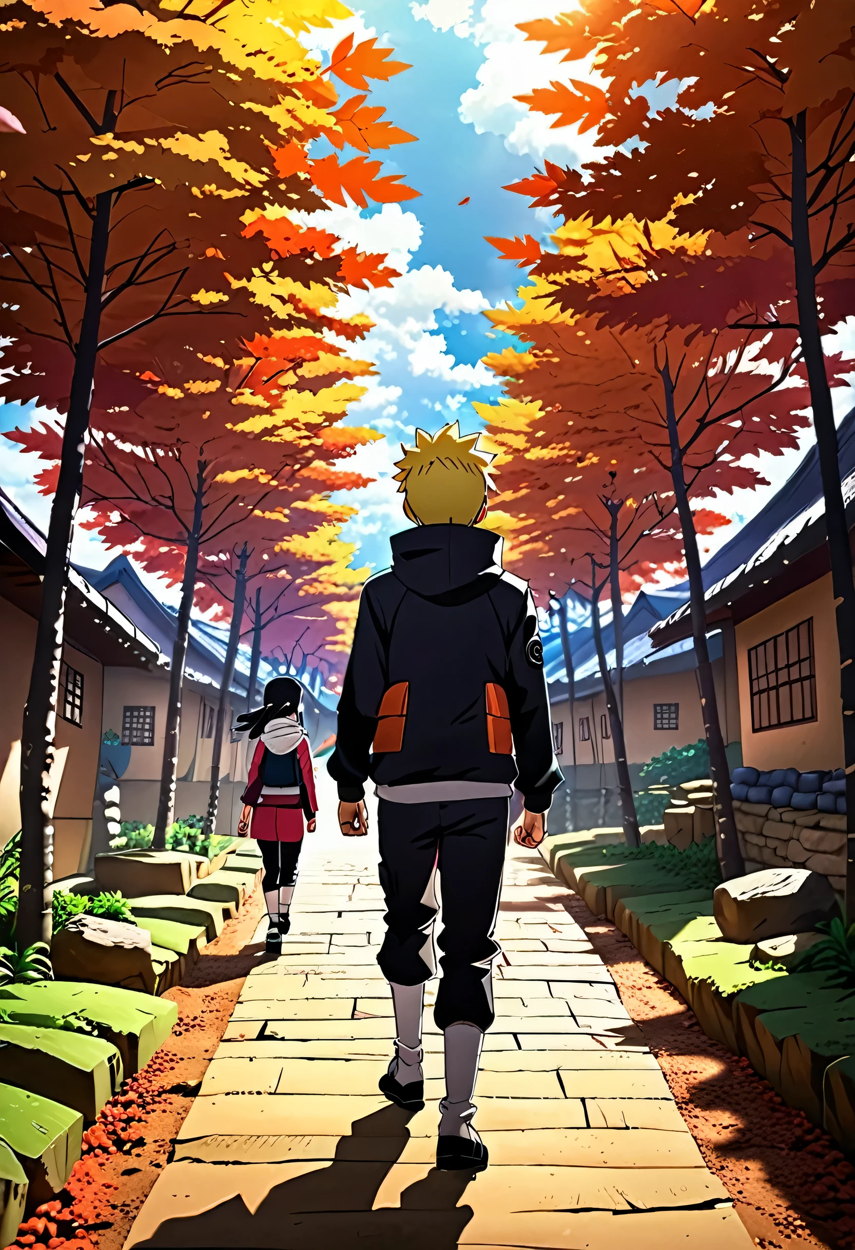 Boruto as a teenager with Hinata walking through the leaf village (Anime Naruto)(sinistro:1.2), (escuro, moody lighting), (atmosfera sinistra), (Contrast between Light and escuro), arte de qualidade HD 8k , Boruto usando o  Biyakugan 