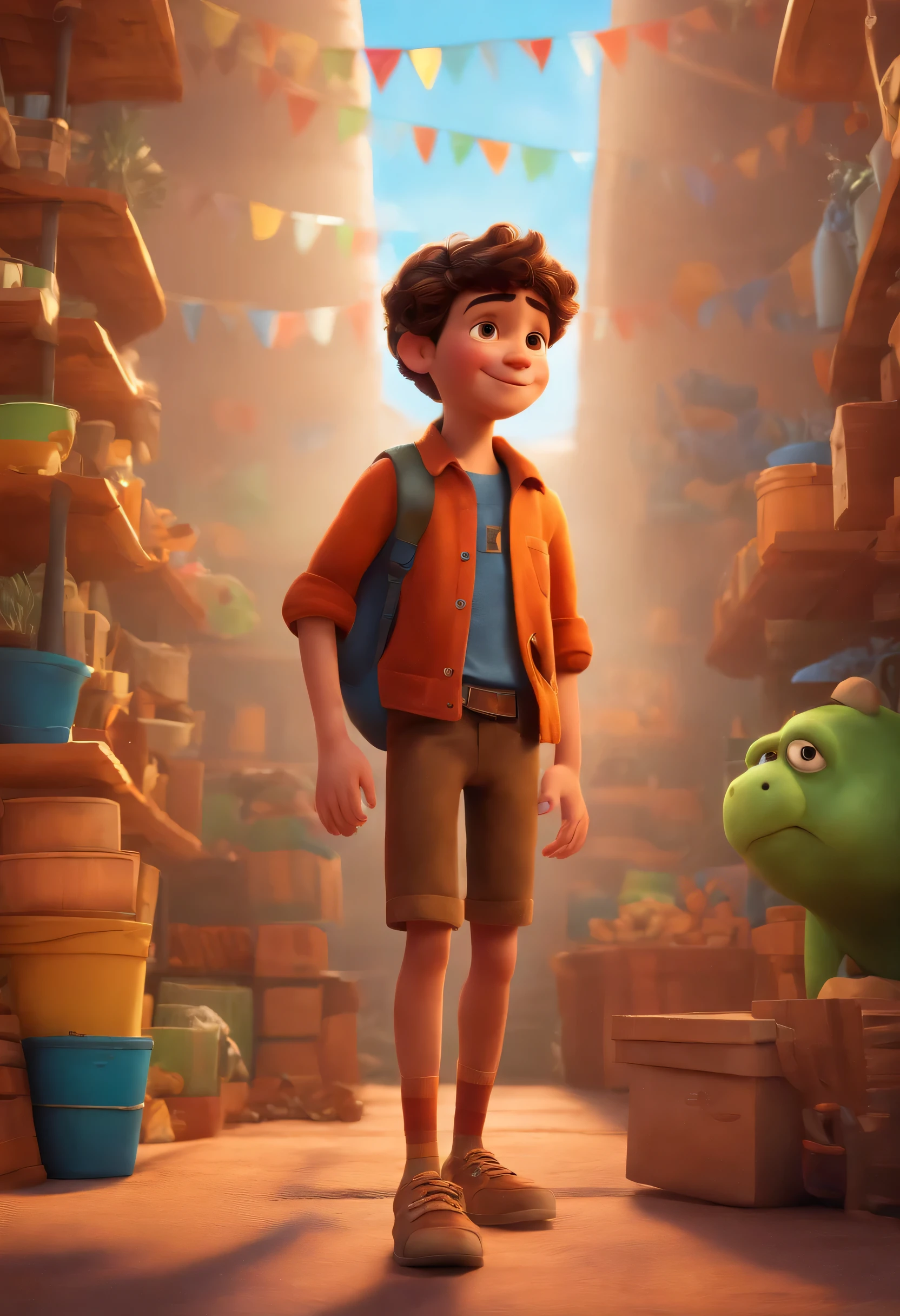 Image of a boy for a story in a YouTube video in Pixar format, He's the alabester, He's the leader of the class, He is extroverted, Playful and stands up for many things