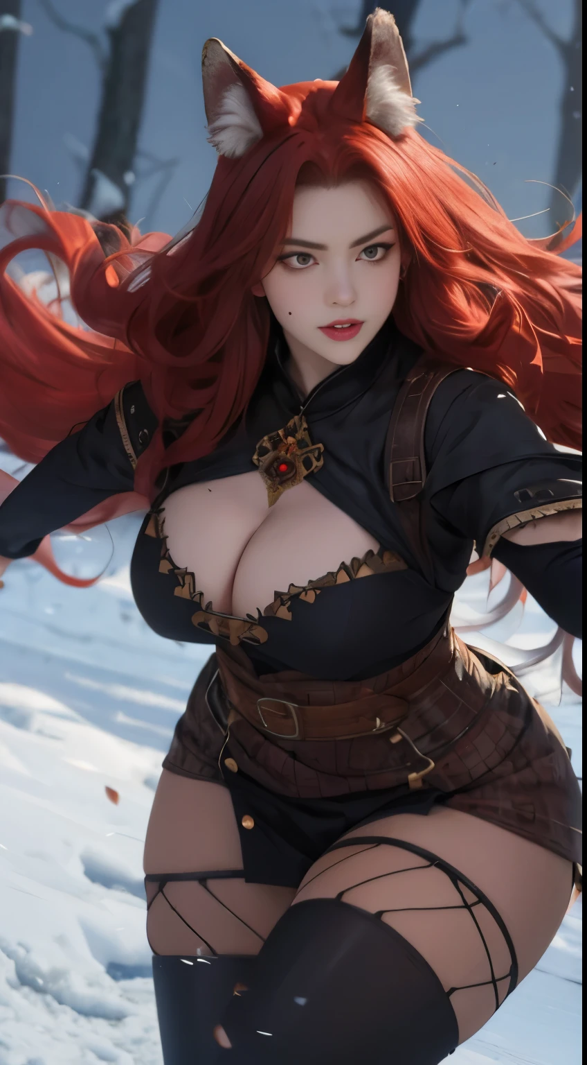 1 wolf woman, long red hair, wolf ears, dark brown eyes, thin lips, round face, huge covered breasts, wide hips, wearing bearskin clothing, fierce look, sharp claws ready to attack, teeth showing, SFW