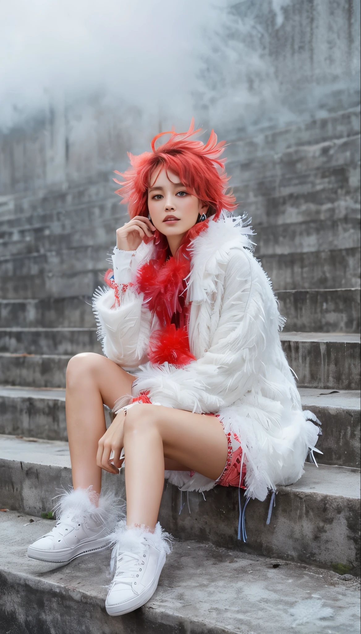 Best Quality, Realistic, popular beautiful fashion models, masterpiece, (all body shot:1.6), (medium hair:1.2), (arranged hair:1.2), fair skin, damp skin, detailed face, huge eyes, detailed eyes, (very small Head and face, huge eyes, dropy eyes:1.4), Double eyelid, Glossy eyes, BREAK (down (feather) clothing shirt), (Covered in so much feathers can't see clothes skin:1.5), (fluffy, cloud texture:1.4), (warm and cloud of softness:1.5), (matching extra fluffy feather scarf:1.4), (fluffy feather mittens:1.3), (fluffy short pants:1.2), BREAK (fluffy feather accessories, fluffy feather earrings, fluffy feathered anklets), (simple White Sneaker:1.2), (One Point An accent Red hair), BREAK sitting and random fashion model  pose, random angle,  (fog and mist Blurred background, Perfect and beautiful concrete background), (Inorganic white lighting),