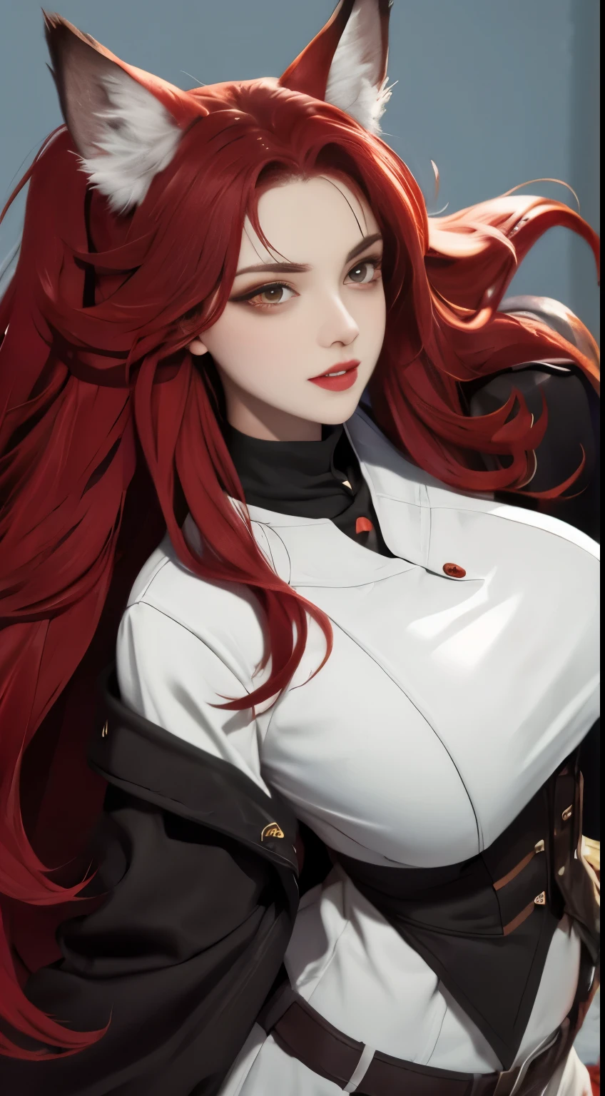 1 wolf woman, long red hair, wolf ears, dark brown eyes, thin lips, round face, huge covered breasts, wide hips, wearing bearskin clothing, fierce look, sharp claws ready to attack, teeth showing, SFW