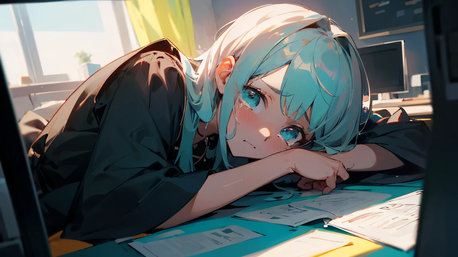 one-girl,Loli,elementary student,独奏, (with short white hair:1.2),lying on the table
