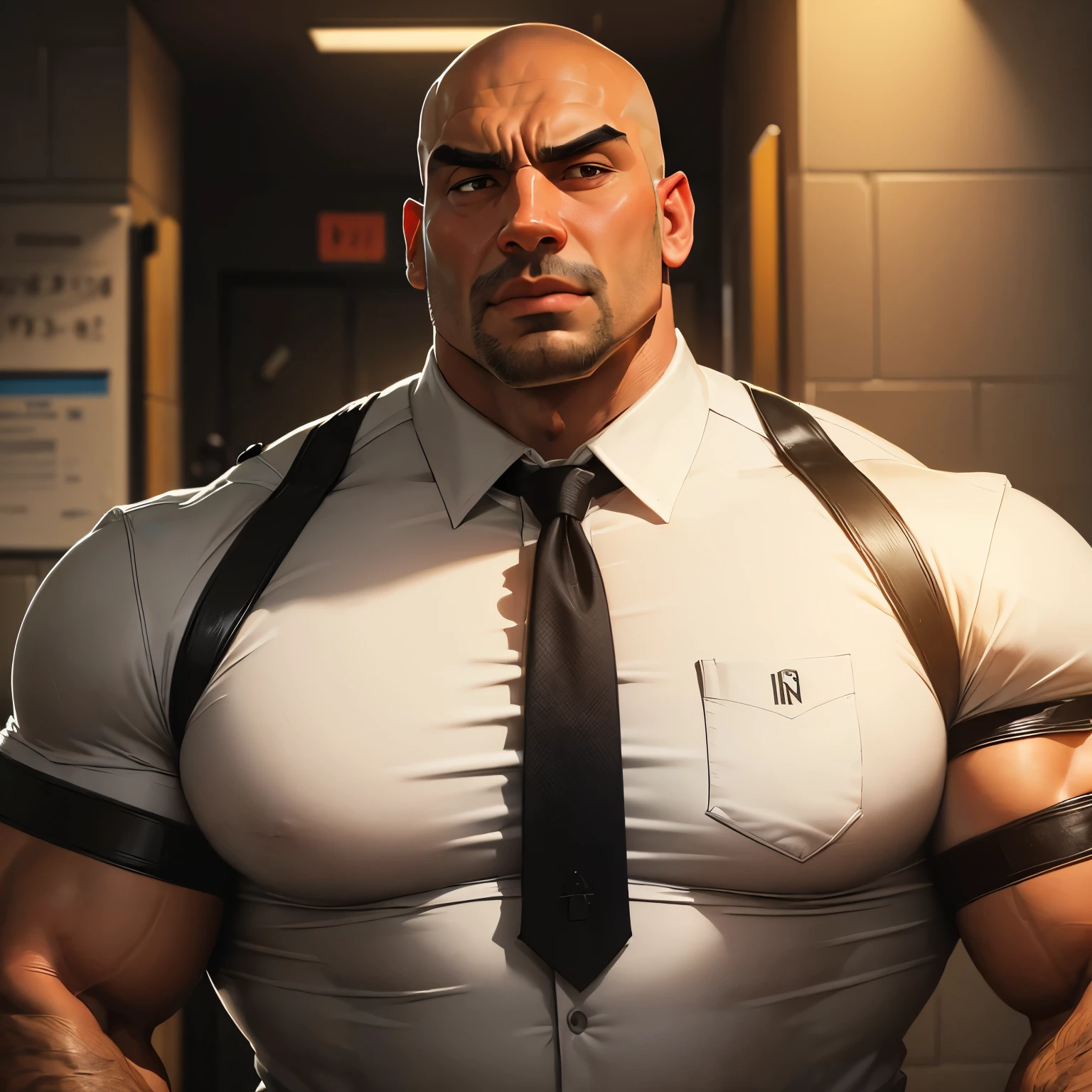 an exaggeratedly muscular and large bald bodyguard, beefy build, mixed race, (wearing collared prison warden uniform: 1.2), (bara pecs: 1.3), shirt is tight against his pecs, (arm and chest hair: 1.1), close-up portrait HD, grungy prison hallways