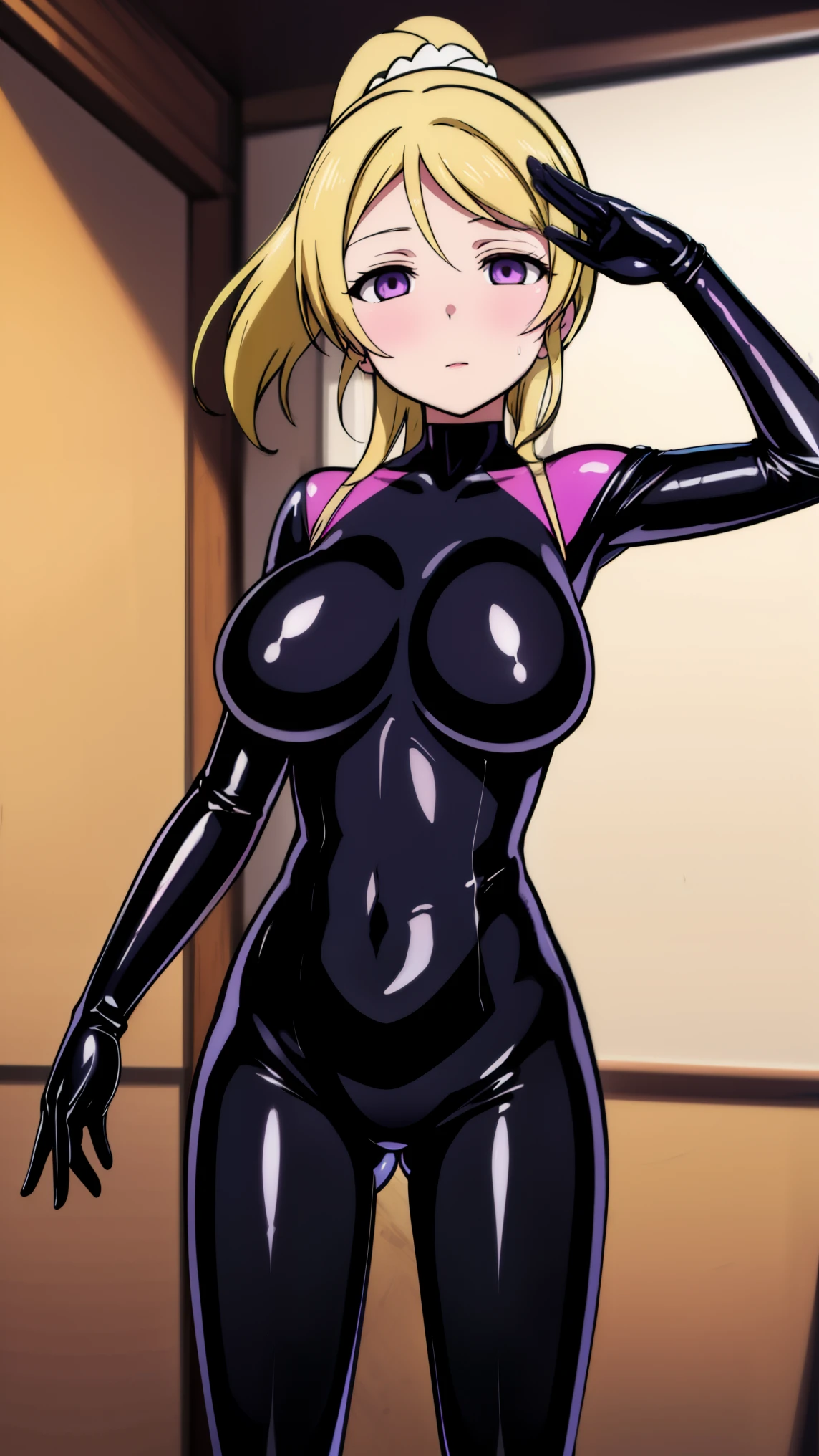 1 girl,NSFW,Eri Ayase, (lovelive), VR, clavicle, absurd, brainwashing,Combatant, empty eyes,((purple glowing eyes 1.5))( huge breasts ), No expression, emotions are removed,((black latex tight bodysuit)),avert your eyes , whole body shape, ((stand up, salute)),(highest quality、4k、8K、High resolution、must have:1.2)、Super detailed、(reality、that&#39;s reality的な、reality的な:1.37)、ticker、hyper hd、studio lighting、ultra definition paint、sharp focus、Physically based rendering、extreme details、Professional specifications、vibrancy and color、blurry、sports portrait、landscape、horror style、anime big breasts、SF、photograph、concept artist、five fingers, perfect body,  {{{masterpiece}}}, {{{highest quality}}}, {{Super detailed}}, {shape}, {{very delicate and beautiful}},Improved cost performance、all roles、Canon 5D MK4でphotograph、photograph, 