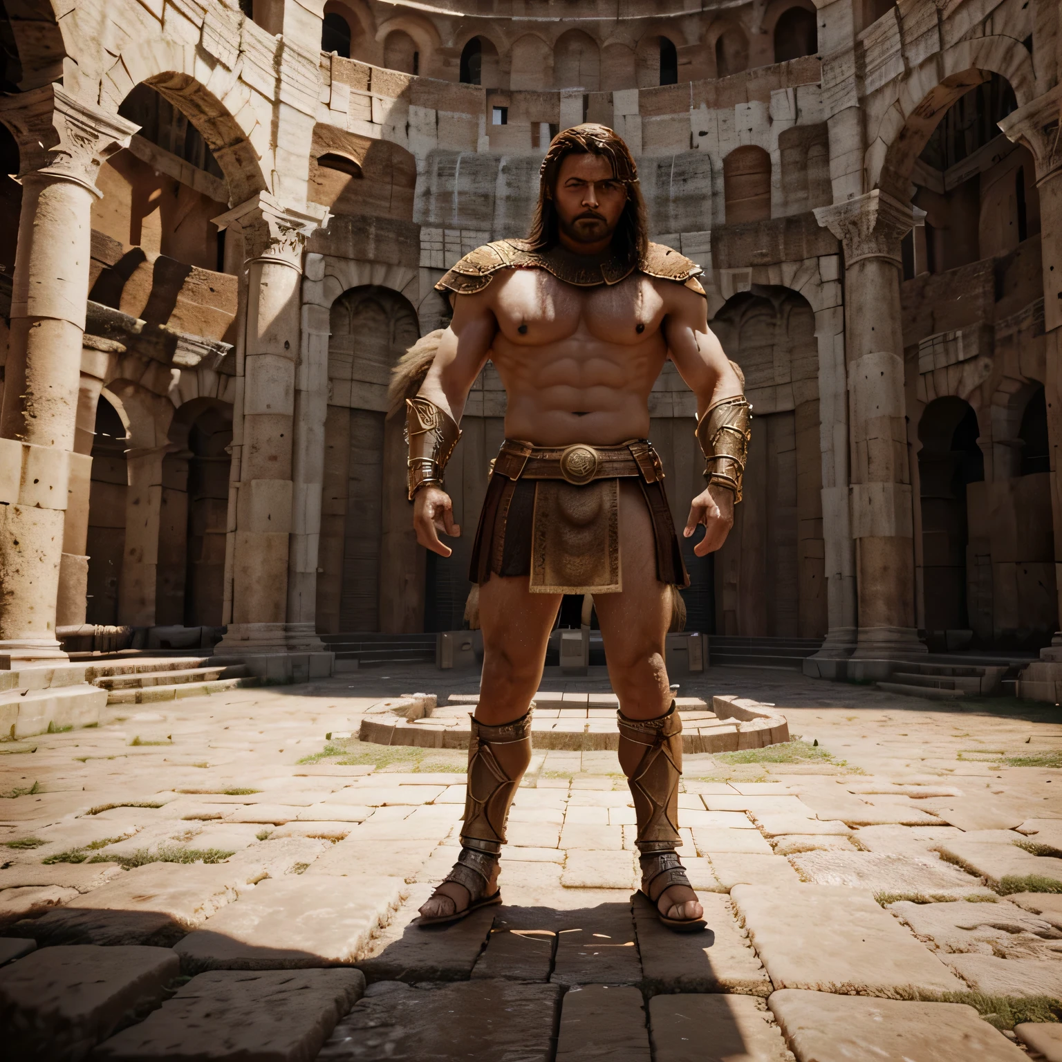 enerate a highly detailed 3D rendering depicting the intense confrontation between a gladiator and a lion within the grandeur of the Colosseum, with intricate textures and lifelike animations, optimized for 6K resolution.