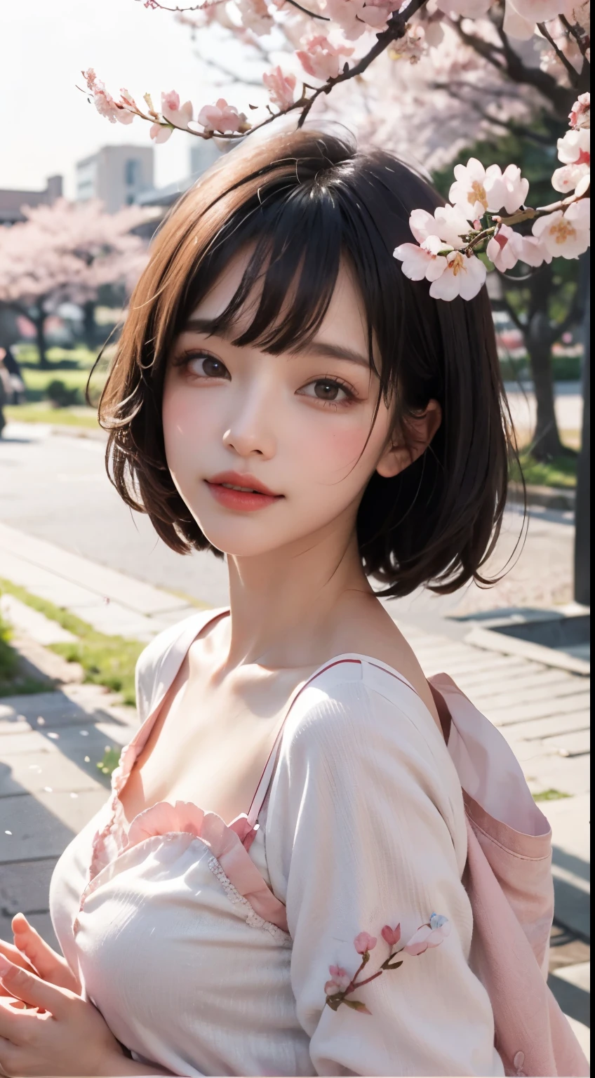 Mustepiece, top quality, illustration, ultra-definition, fine details, high resolution, 8K wallpaper, perfect dynamic composition, beautiful detailed eyes, wearing a dress, natural colored lips, random cute pose, perfect and beautiful face, cute, sexy face, sunset, ecstasy face, feminine face, (cherry blossoms, cherry blossoms, falling cherry blossom petals, cherry blossom blizzard, falling petals), waving in the wind Hair, hair fluttering, pink cherry blossoms, petals dancing, cherry blossom snowstorm, wonderful scenery, sunrise, background sun, wind,