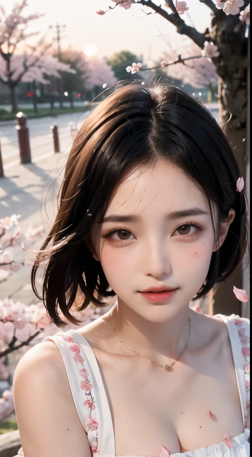 Mustepiece, top quality, illustration, ultra-definition, fine details, high resolution, 8K wallpaper, perfect dynamic composition, beautiful detailed eyes, wearing a dress, natural colored lips, random cute pose, perfect and beautiful face, cute, sexy face, sunset, ecstasy face, feminine face, (cherry blossoms, cherry blossoms, falling cherry blossom petals, cherry blossom blizzard, falling petals), waving in the wind Hair, hair fluttering, pink cherry blossoms, petals dancing, cherry blossom snowstorm, wonderful scenery, sunrise, background sun, wind,
