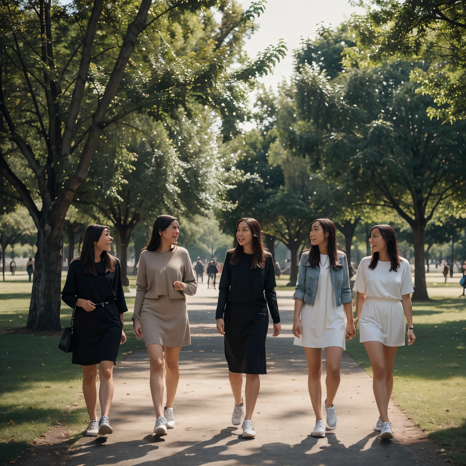 A huge quantity of women walking through a park, looking amazed and a little excited at the viewer as they keep walking by