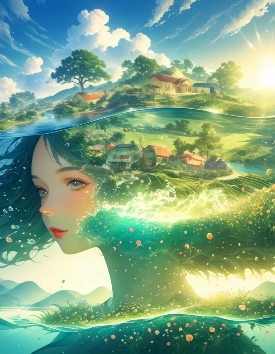 A guitar made of dragon fruit floats in the river, half leaking out, surrounded by a small amount of green grass and flowers. The sunlight shone on its face, creating a beautiful scene. It has a surreal style, bright colors, and high-definition photography. I can't believe how beautiful these photos are! High definition, high-resolution, wide-angle lens, panoramic, water splashing effect, floating instrument, natural scenery, brilliant sunshine. Surrealist style