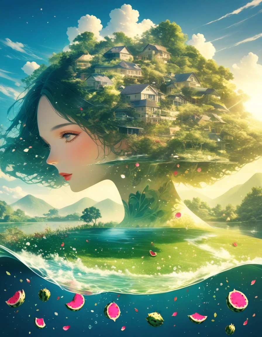 A guitar made of dragon fruit floats in the river, half leaking out, surrounded by a small amount of green grass and flowers. The sunlight shone on its face, creating a beautiful scene. It has a surreal style, bright colors, and high-definition photography. I can't believe how beautiful these photos are! High definition, high-resolution, wide-angle lens, panoramic, water splashing effect, floating instrument, natural scenery, brilliant sunshine. Surrealist style