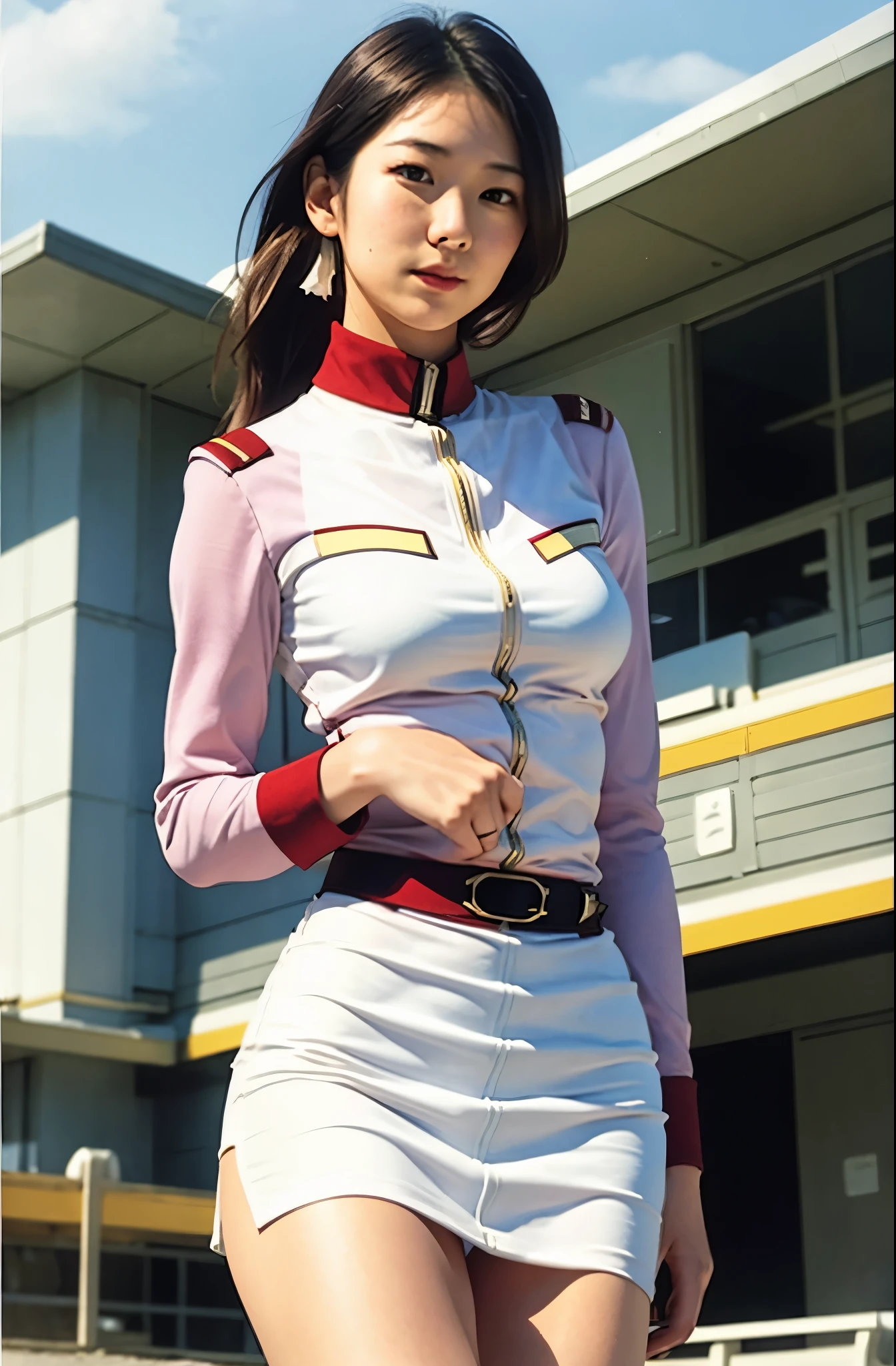 real photos、Highest im年 quality、realistic、Beautiful woman、beautiful thighs、beautiful face、real im years、federal army uniform miniskirt、ponytail、Yuriko Yoshitaka、************ Japanese female、Zuo々Ki Nozomi:1.4、pretty girl、white pantiesが見える、1６age、（white panties:1.3）、super mini skirt、beautiful thighs、white panties、ピンクのミニスカートがめくれてwhite pantiesが見えてる