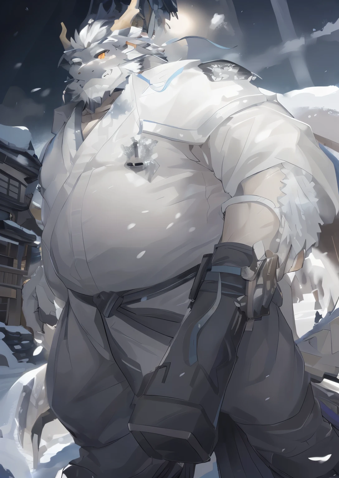 (black skin oriental dragon),(Black and white yin yang general naked kimono),Holding a long sword,strong posture,stand calmly,(The background is a city covered in ice and snow:1.2),abdominal ,heroic posture飒爽,perfect masterpiece,Various facial details,distance perspective,specific description,masterpiece,CG,(golden eyes),black and white pattern,dark purple tail,General,heroic posture,dragon,black and white fur,Specific facial details,Half body,(Black and white yin and yang general combat shoes),(Chang Ling),((middle aged)),(Face focus),(16K),HD,black and white belly,temple,beard,(Face line),different students,(Black and white yin and yang naked kimono),(black and white hair),Strong,muscle,(High resolution:1.3),(Standing in front of a city covered in ice and snow),(close up),(Detailed face:1.5),Perfect details,(Half body),(Detailed depiction of face:1.5),(Zoom in on face:1.5),(白色Face line:1.2),(black beard:1.3),(white face;1.6),white body