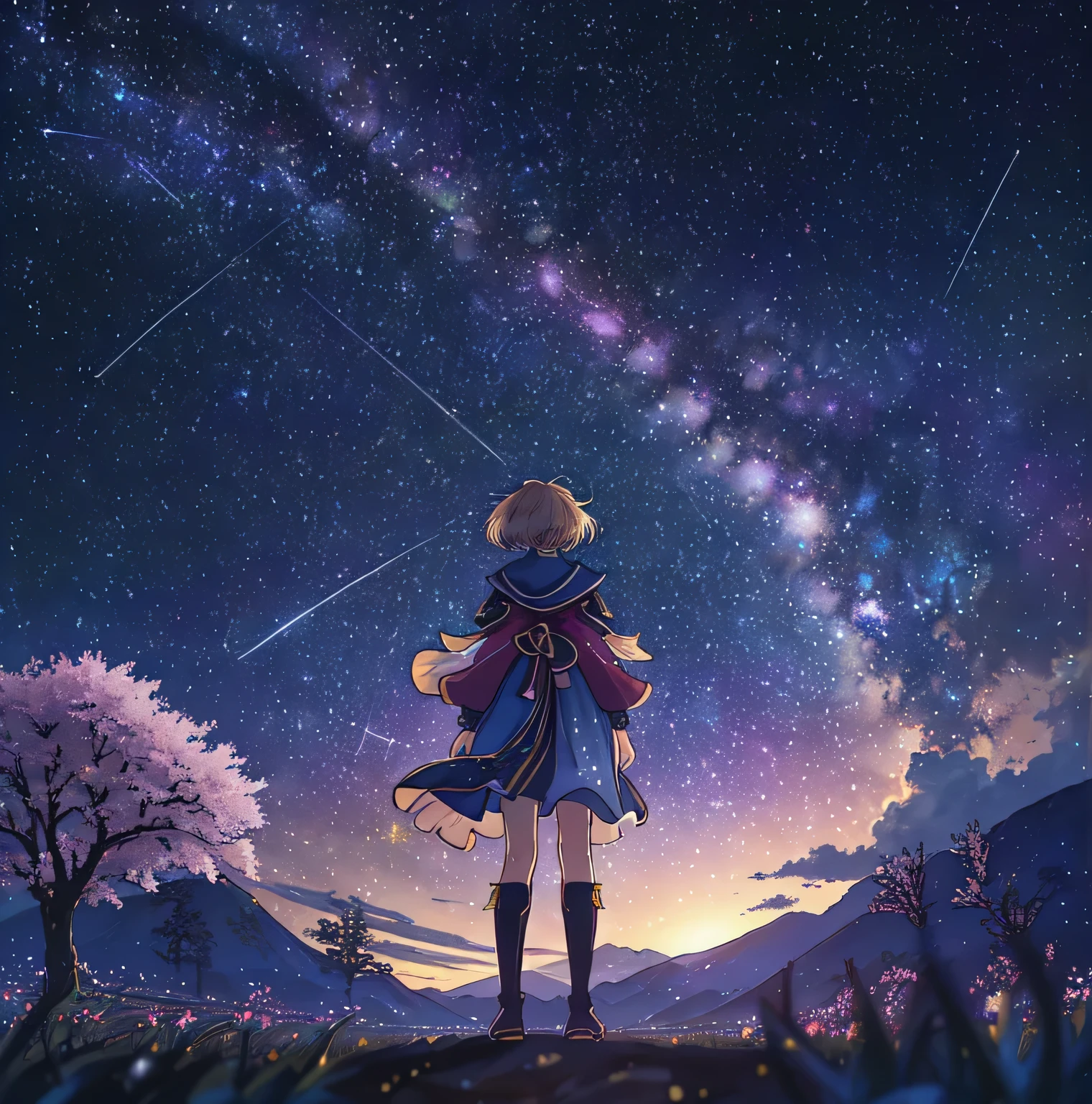 1 person、Fighting girl staring at the stars（zoomed out：1.1）、（Meteor swarm：1.2）、（comets：1.1）、yourname、low angles、from the rear、Arrowlaboralis shooting star、military outfits、cherry trees、Highest quality standing in the field、masterwork、​​clouds、colourfull、starrysky、stele