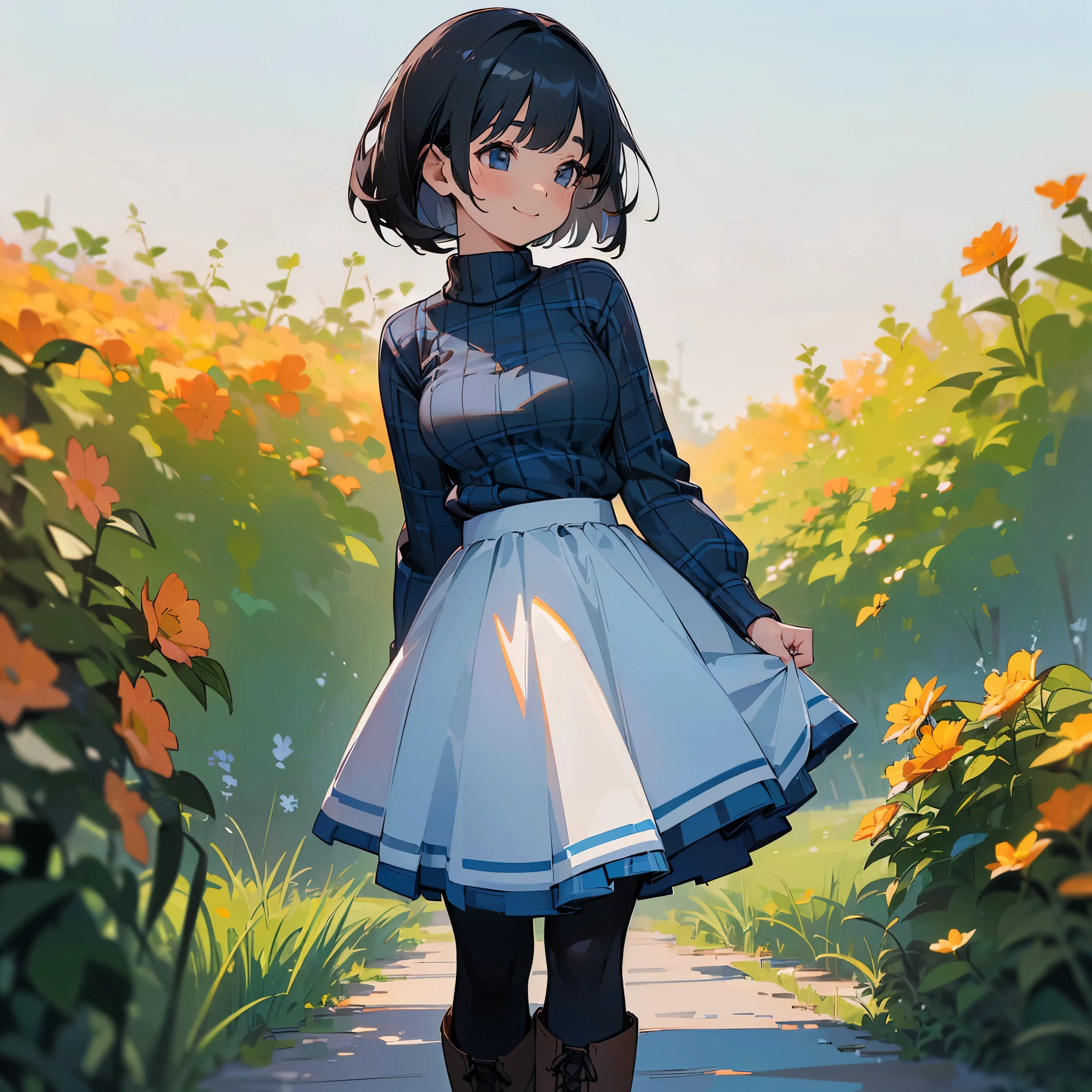 (high quality, High resolution, Super detailed, reality:1.37), peaceful atmosphere, (outdoor, garden),  girl standing alone, (my breasts are big.), Beautiful detail features, cute smile, (black bob hair), ribbed sweater, blue plaid skirt, black tights, brown boots.