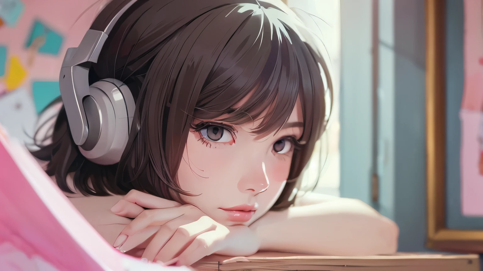 (((Masterpiece))),(((Best quality))),(((Amazing detail))),((illustration)),((A high resolution)),((8K)),((Anatomically correct)),grey short hair,Delicate hair,Cool,angle of view,Anime,Depth of field,,Soft light,From above,Lens flare,pensive,grey background,No background,black suit,grey eyes,Small face, pretty 17 year old girl listening to music in a corner of a pink room, painting, detailed work, delicate, sense of depth, anime style, large room, cluttered, immersed, colorful, urban, city center, cutting edge, cat


