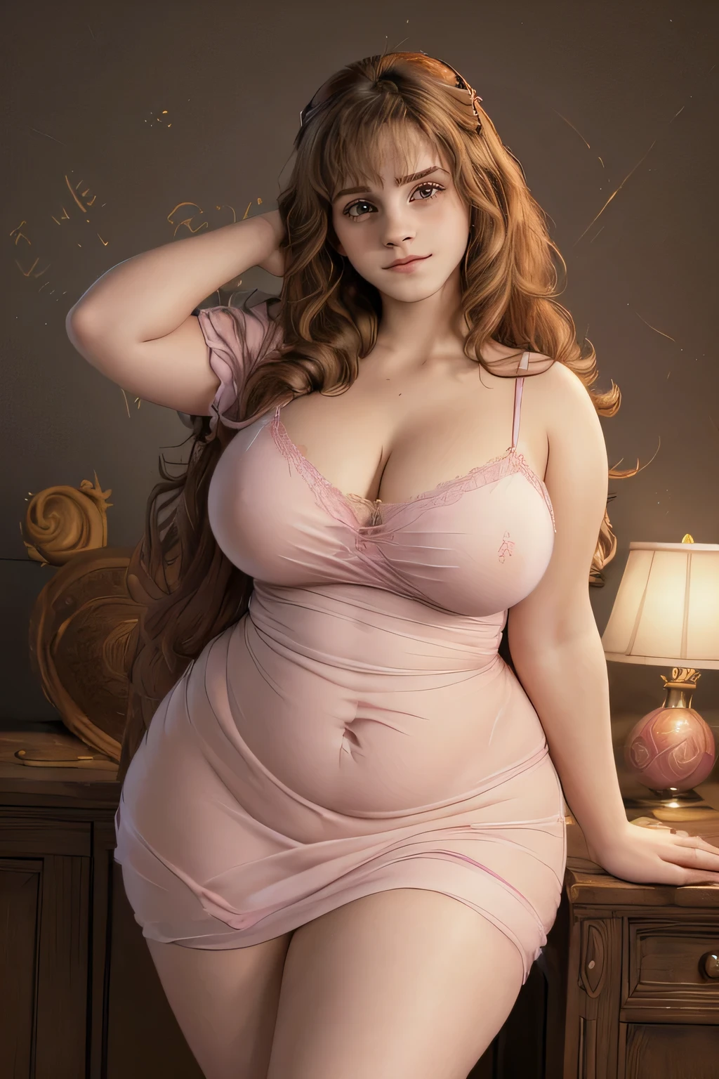 ((masterpiece)), ((photorealistic))), ((8k wallpaper)), ((best quality)), (one image), ((perfect quality)), ((solo))), ((detailed eyes)), girl, ((Ermione)), ((Hermione)), ((adult)), very beautiful, pose: (sexy pose, shy pose, standing), face : ((young), (18 years old), (most beautiful), (makeup), ( smile), (perfect face), (adult), face, detailed face, (simmetric face), (very beautiful face)) , figure: ( (very full body), (very full figure), (huge breasts), (curvy), (thick), (wide waist), (a bit chubby), (a bit chubby belly), (belly bulge), (big deep navel), very soft, (very curvy), (love handles), wide hips, (sexy curves), sexy, (muffin top), thick thighs, thunder thighs) , clothes : (tight pink dress)