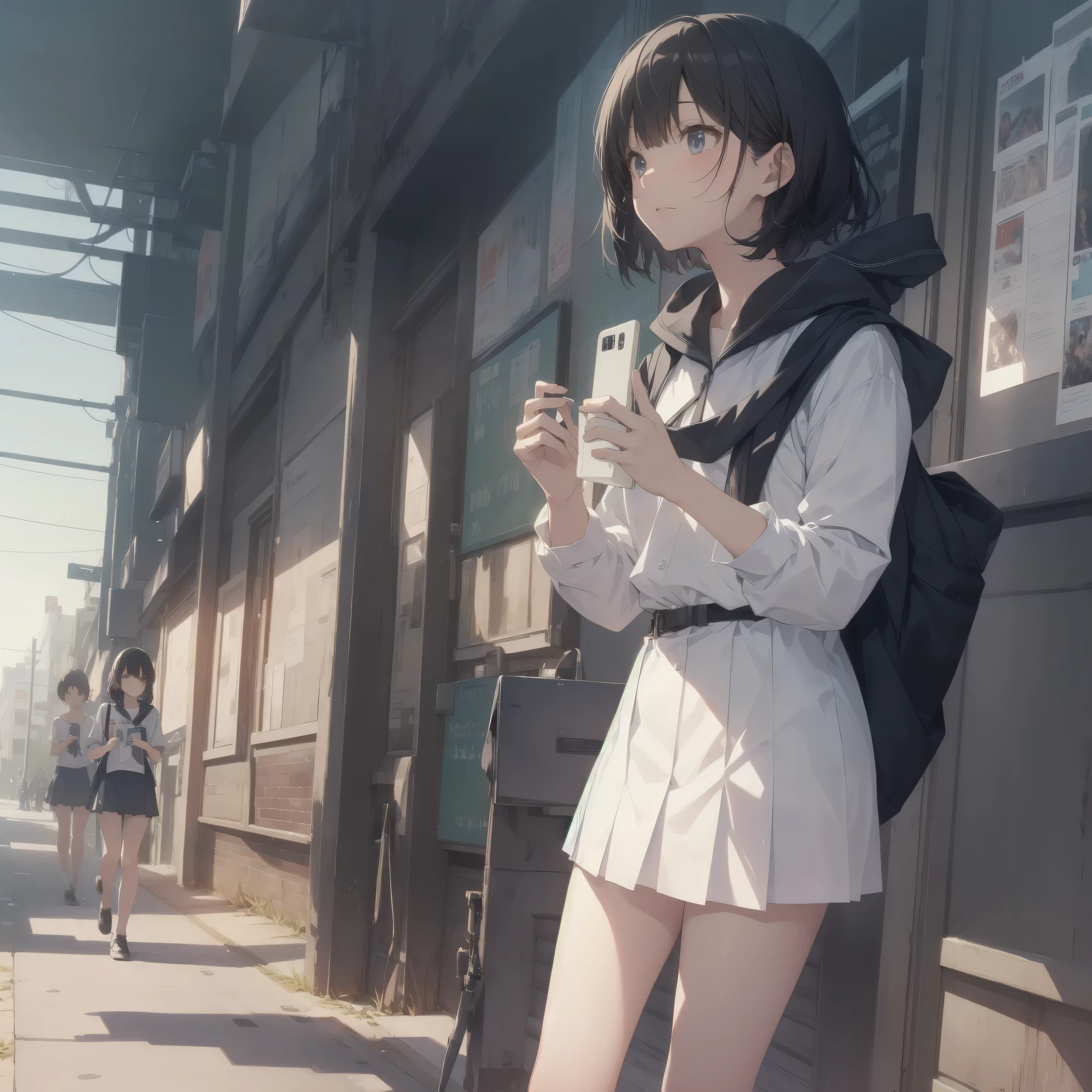 ultra-absurdres-Top quality by art God, ultra-detailed, high resolution, anime moe artstyle, best anime 8k konachan wallpaper, pixiv contest winner, perfect anatomy,break, 1girl, (Please draw a girl walking sleepily to school alone. )break,(Solo,little female, -yeld:1.Full limbs, complete fingers,a junior hiiveness of immature bodies, (very short hair), short cut, flat chest, , small butt, groin, small black eyes, beautiful detailed eyes, well-proportioned iris and pupils, expressive eyes, highres detailed hair, soft expression, school_uniform, pleated skirt,(Detailed Lighting), (Detailed background), in the School commute route. break,super detailed skin, Best cinematic lighting powered by famous artist, 8k,beauty illustration,photoshop_(medium),very aesthetic,UHD,textured skin,break,((artist:core)), artist:fukahire_(ruinon),artist:shinkai makoto,artist:sekiya asami,artist:kantoku,