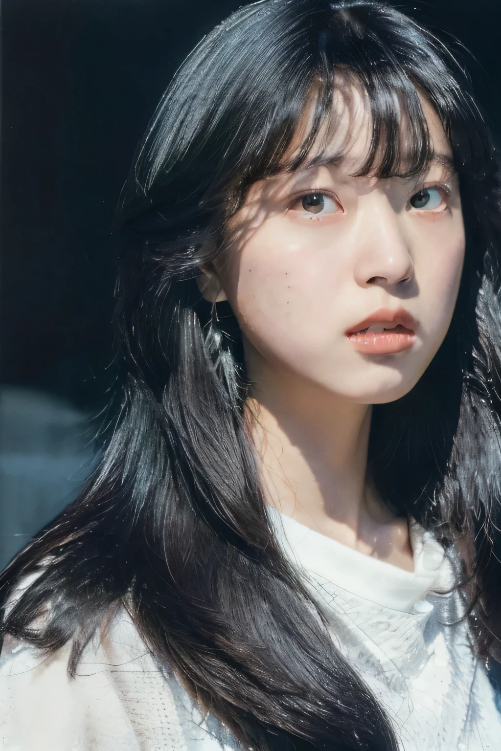 (masterpiece, realistic, ultra high resolution, high quality:1.2), 1 girl, (young),(no makeup), black hair, portrait, old photograph, 80's style , dynamic pose, studio, ((akinanakamori))