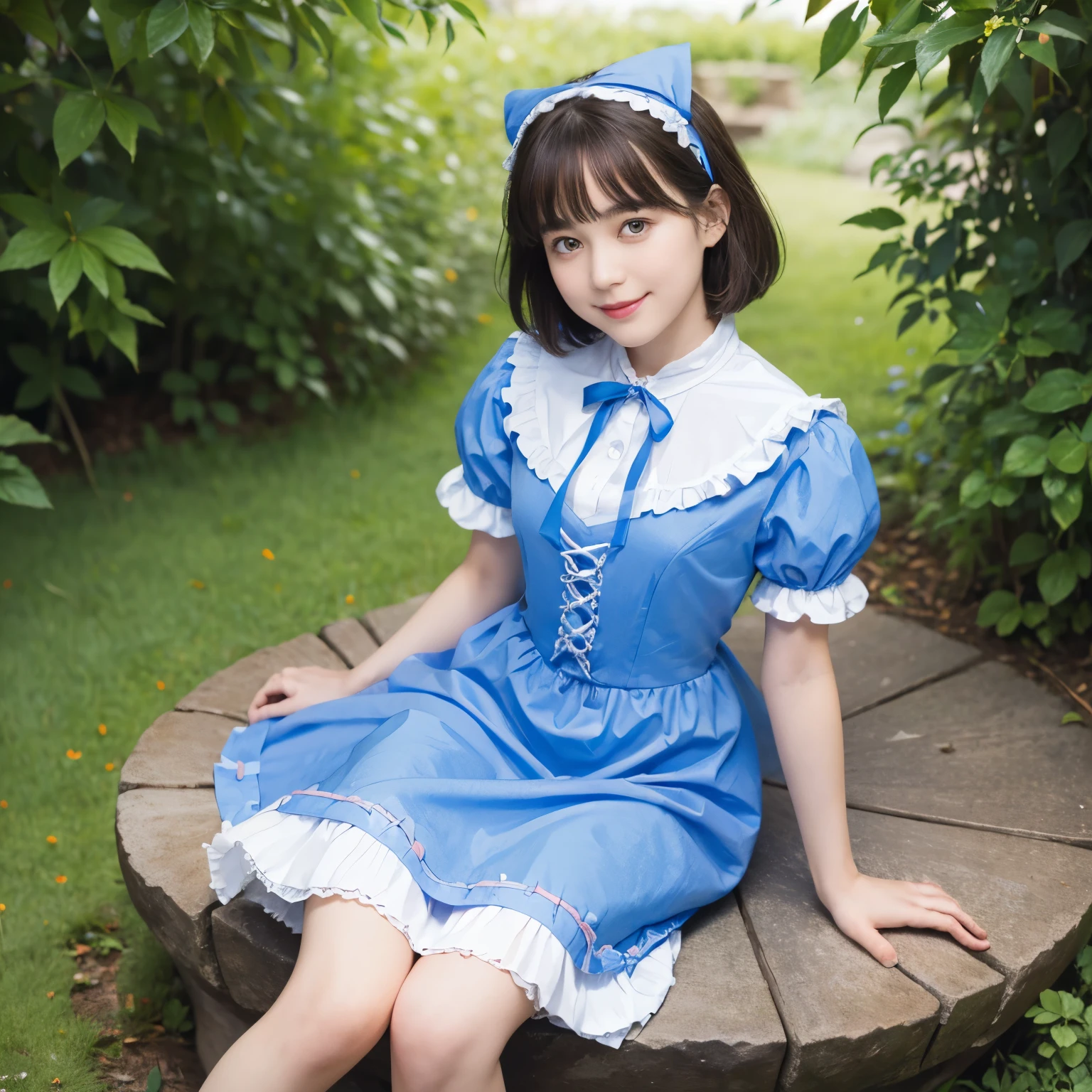 (alice in wonderland), 1-9-1, (He wears a large triangular ribbon on his head..), short hair, young woman, gentle smile, colorful clothes, in the deep forest, There is a large stump

