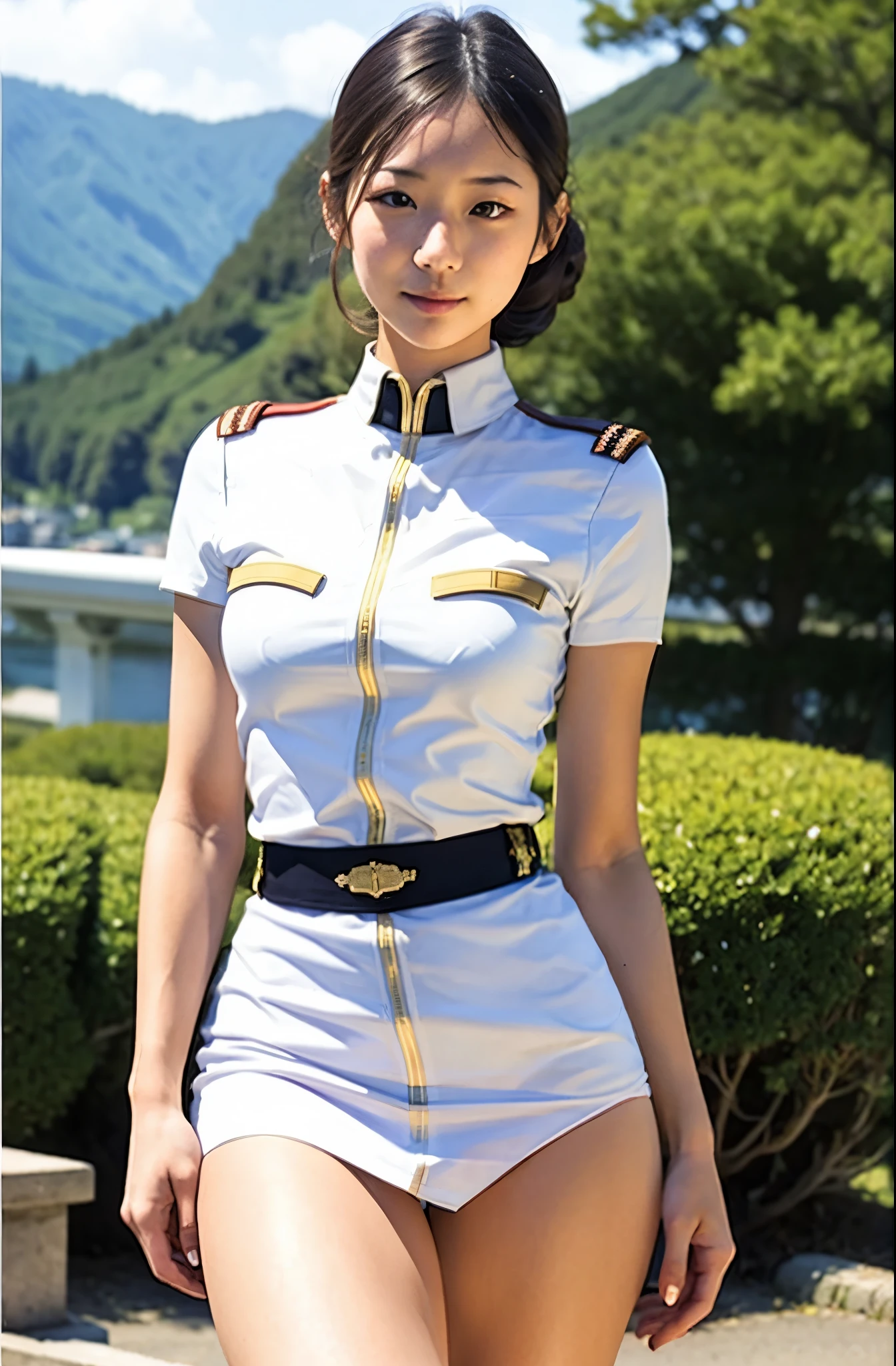 real photos、Highest im年 quality、realistic、Beautiful woman、beautiful thighs、beautiful face、real im years、federal army uniform miniskirt、ponytail、Yuriko Yoshitaka、16 years old Japanese female、Zuo々Ki Nozomi:1.4、pretty girl、white pantiesが見える、1６age、（white panties:1.3）、super mini skirt、beautiful thighs、white panties、ピンクのミニスカートがめくれてwhite pantiesが見えてる